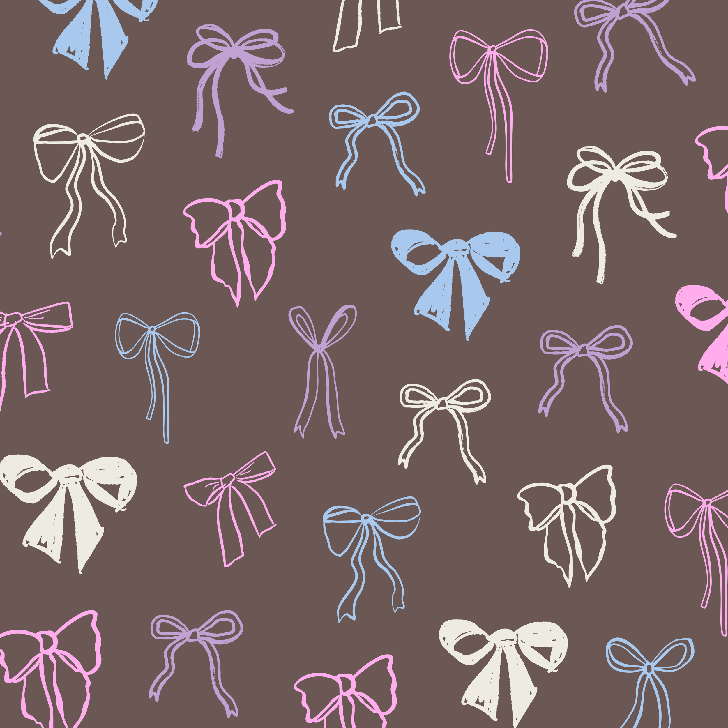 Pattern of colored hand-drawn ribbons and bows on a brown background.