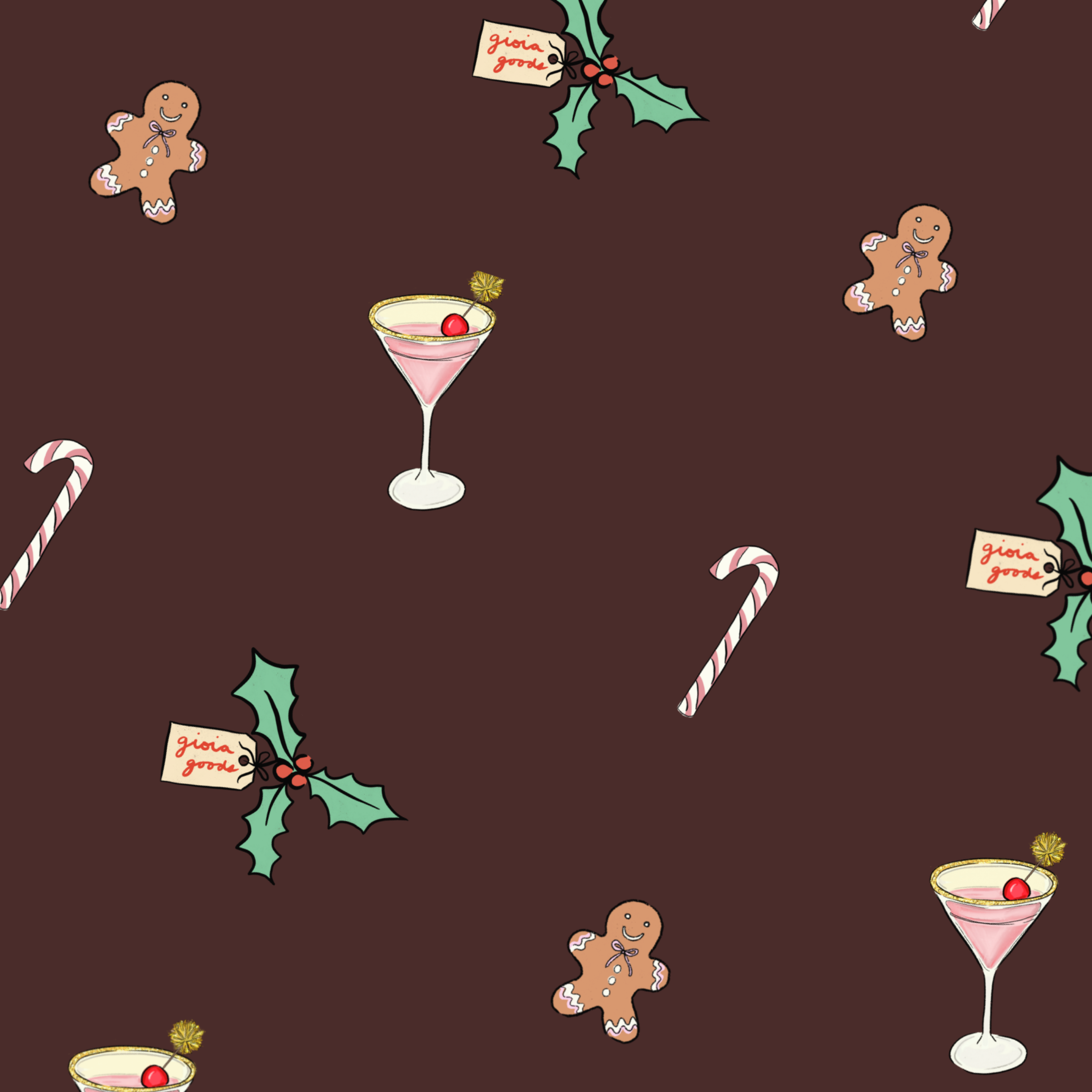 Christmas themed pattern with gingerbread cookies, holly leaves with berries, candy canes, and pink martini glasses on a dark background.
