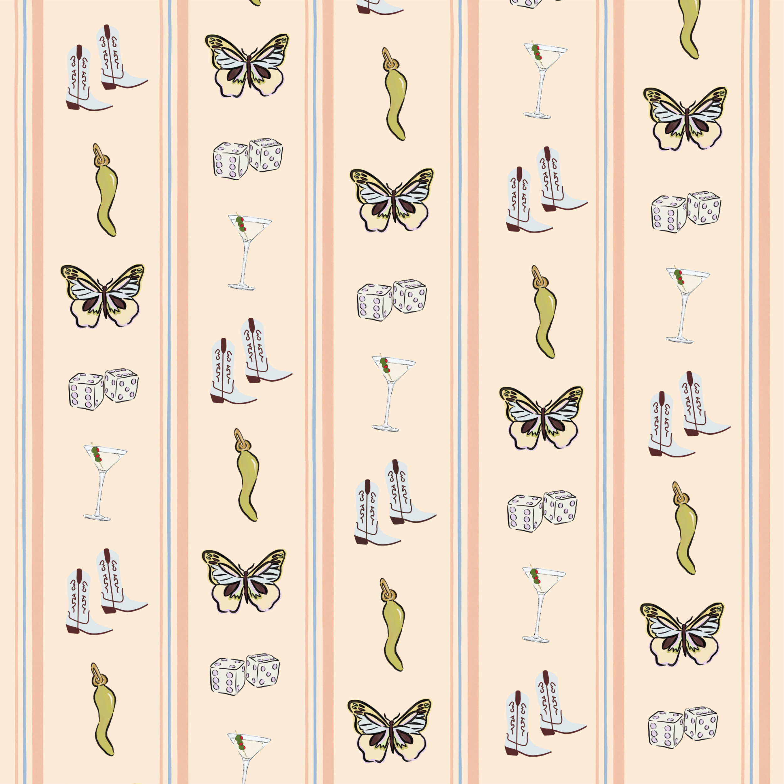 Aesthetic western chic print pattern with cocktail glasses, butterflies, dice, green chili peppers, and cowboy boots on a striped background.