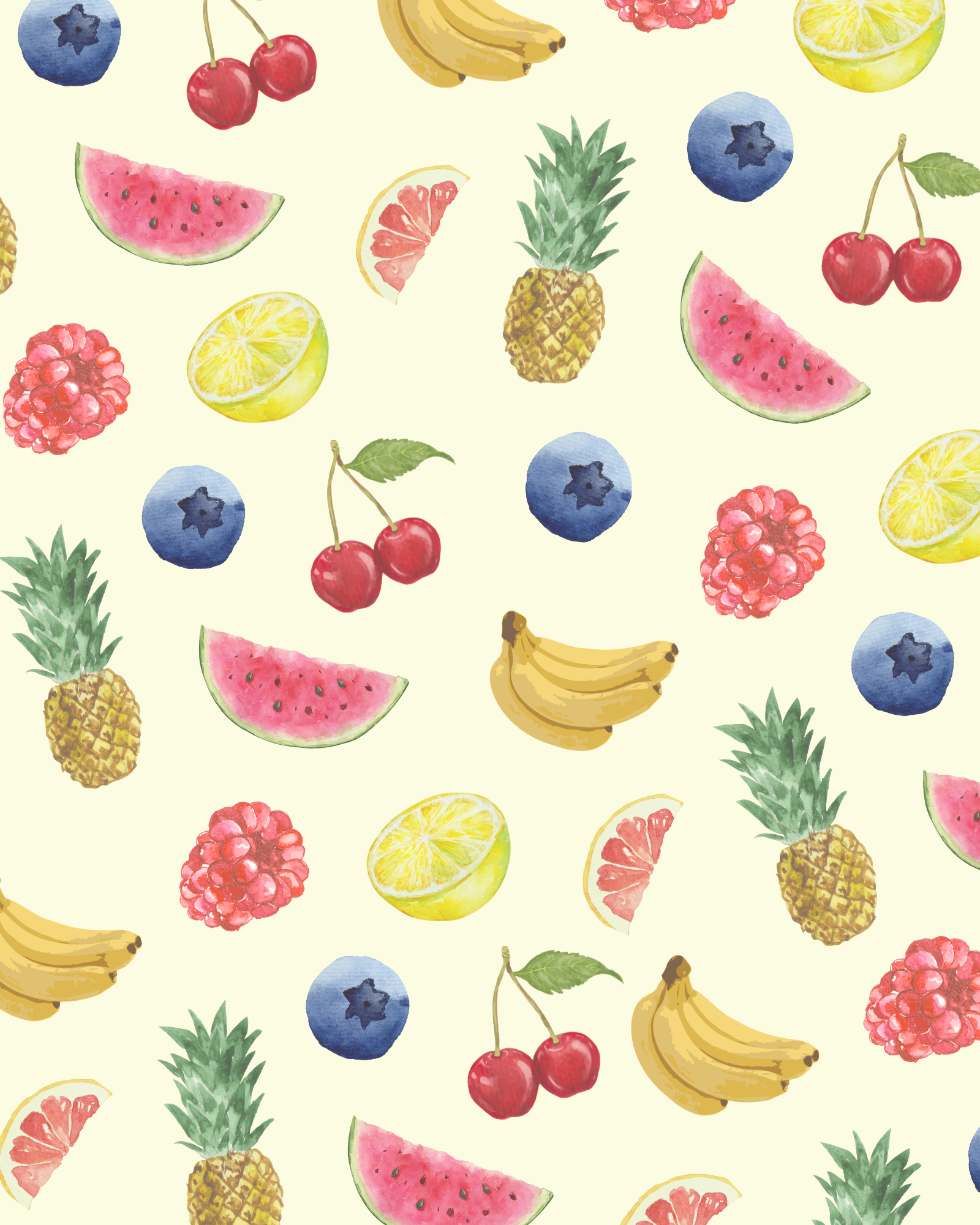 Watercolor illustration of various fruits including watermelons, cherries, pineapples, blueberries, raspberries, lemons, and bananas on a light background.