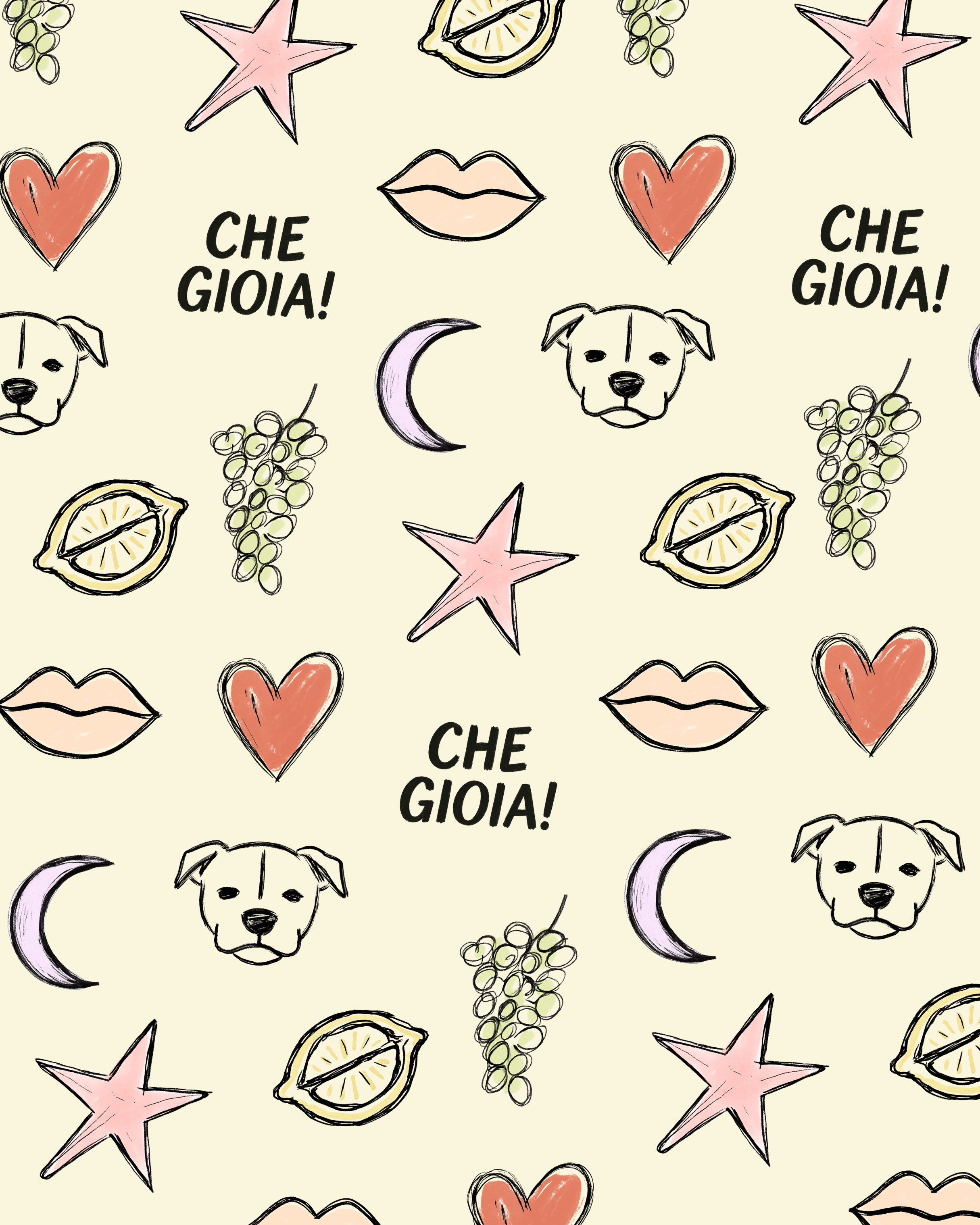 A colorful pattern with illustrations of hearts, stars, lemons, grapes, moon, lips, dog faces, and the phrase "CHE GIOIA!" on a light background.