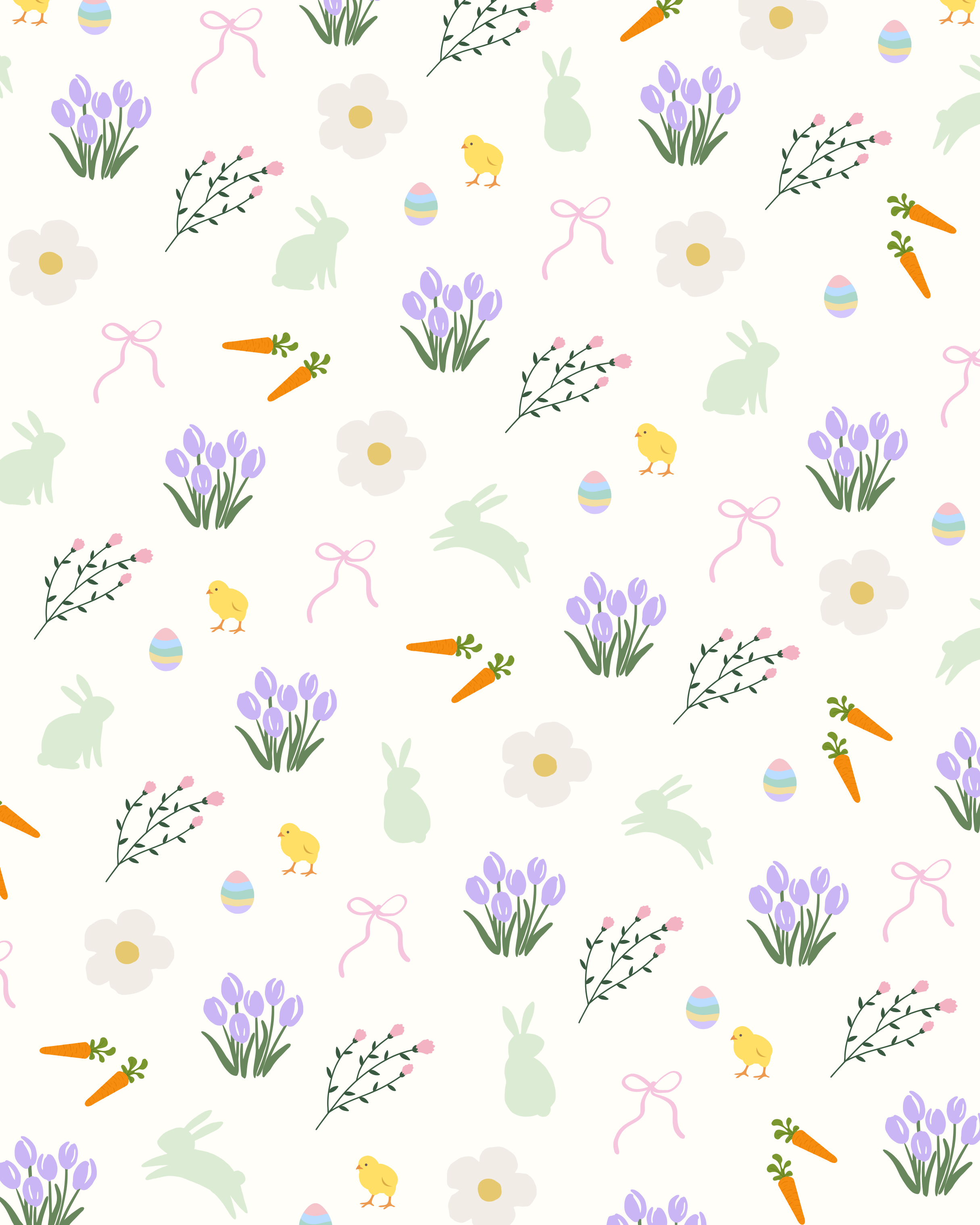 Easter-themed pattern with pastel-colored rabbits, chicks, carrots, flowers, decorated eggs, bows, and greenery on a white background.