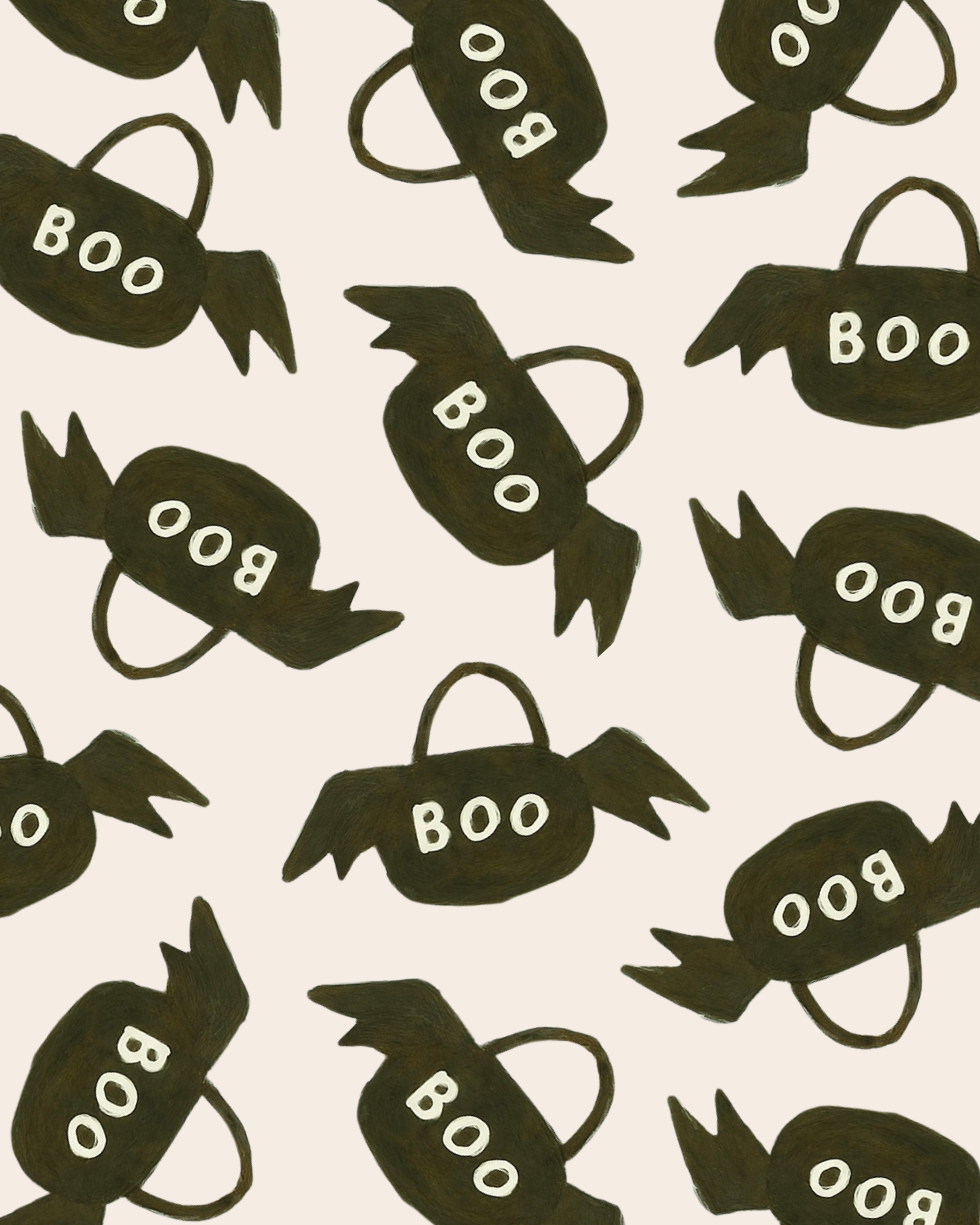Pattern of black bat-shaped candies with the word 'BOO' written on them in white, repeated and scattered on a light background.