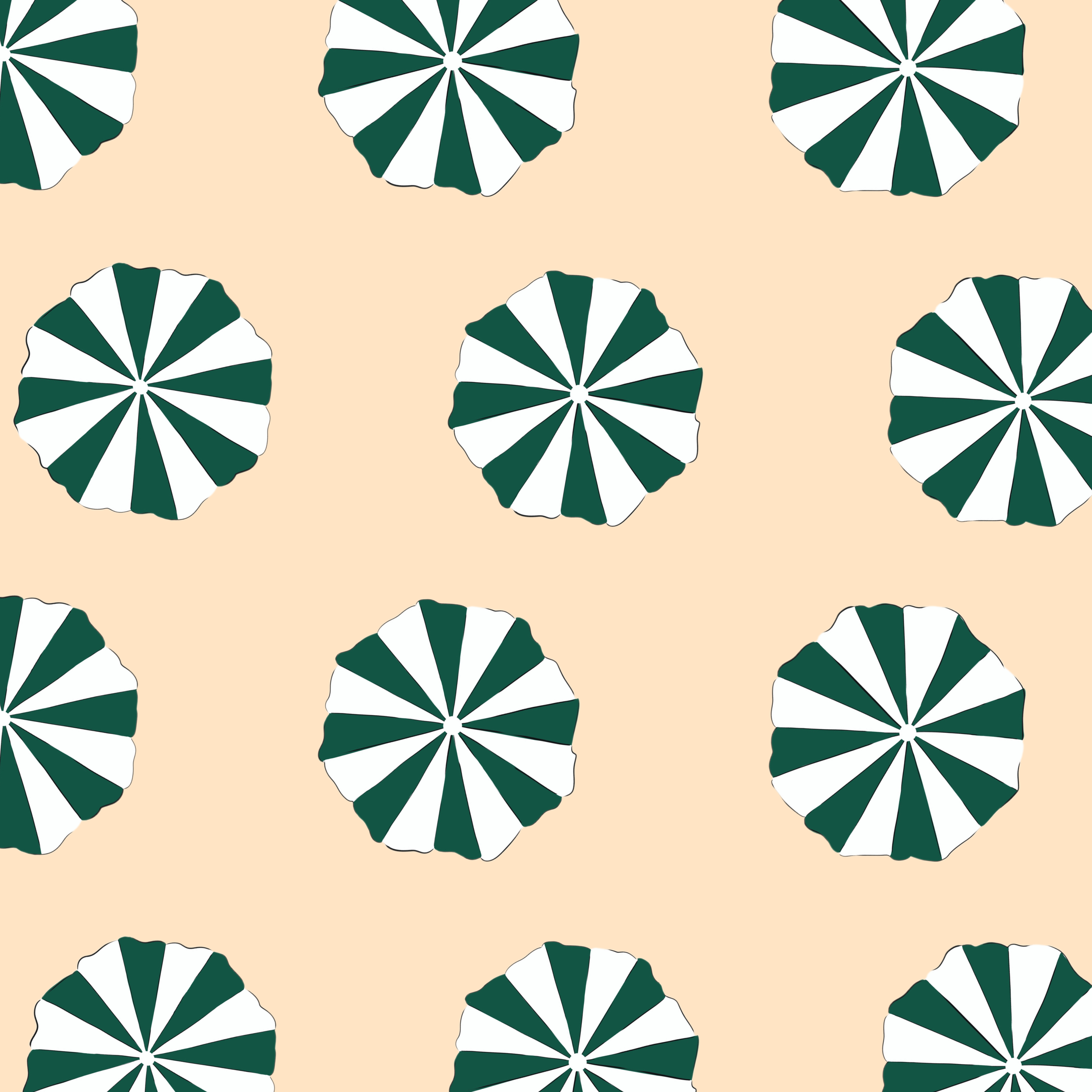 Pattern of round beach umbrellas with green and white stripes on a beige background.