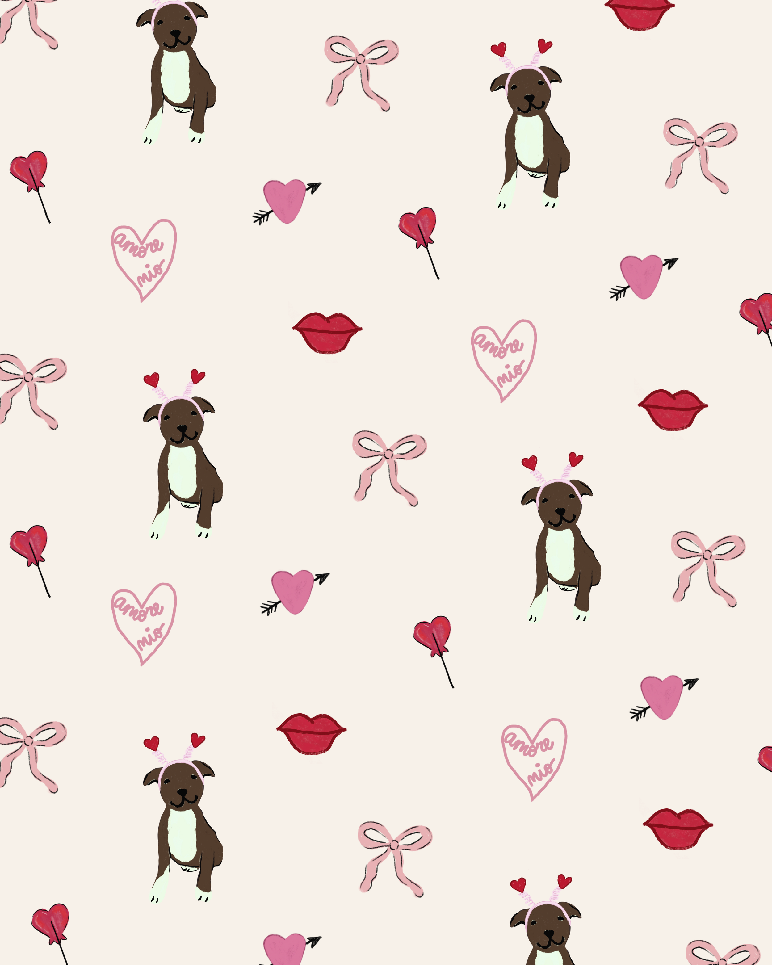 Pattern with cartoon dogs wearing Valentine's headbands, pink bows, red lips, pink hearts with 'amore mio' message, and red hearts with arrows on a light background.
