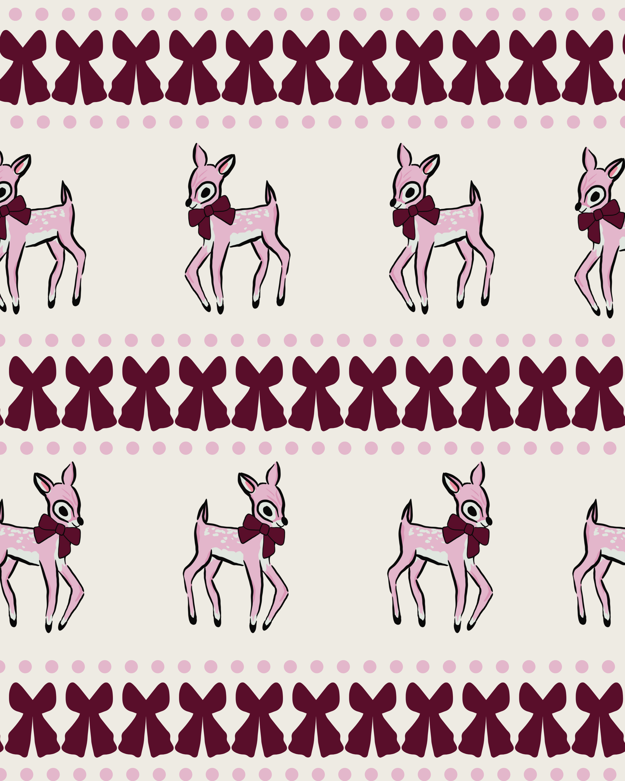 Pattern of pink baby deer with red bows, alternating with dark red bowtie shapes and pink dots on a light background.