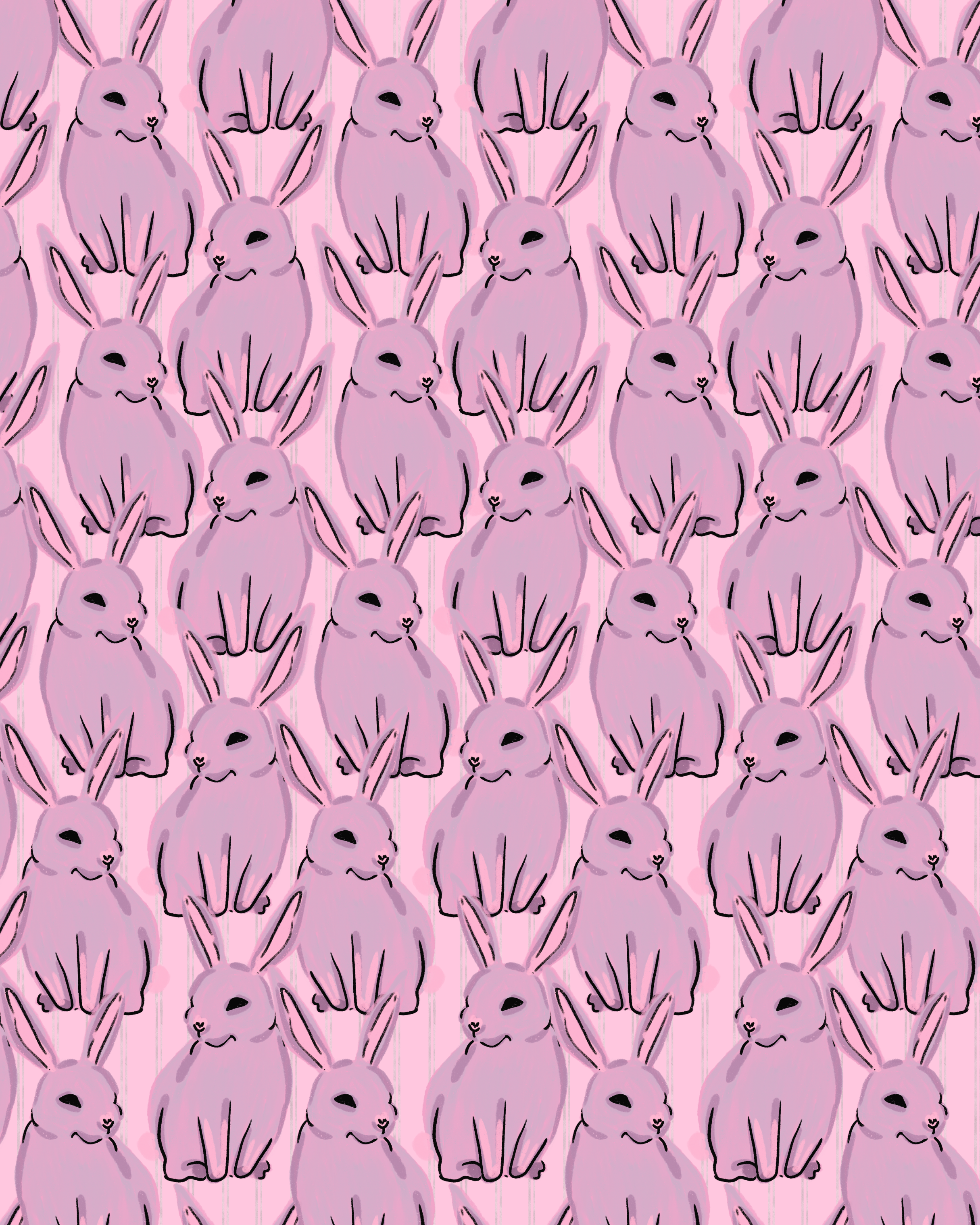 Repeated pattern of pink rabbits with long ears, outlined in black, on a pink background with subtle vertical lines.