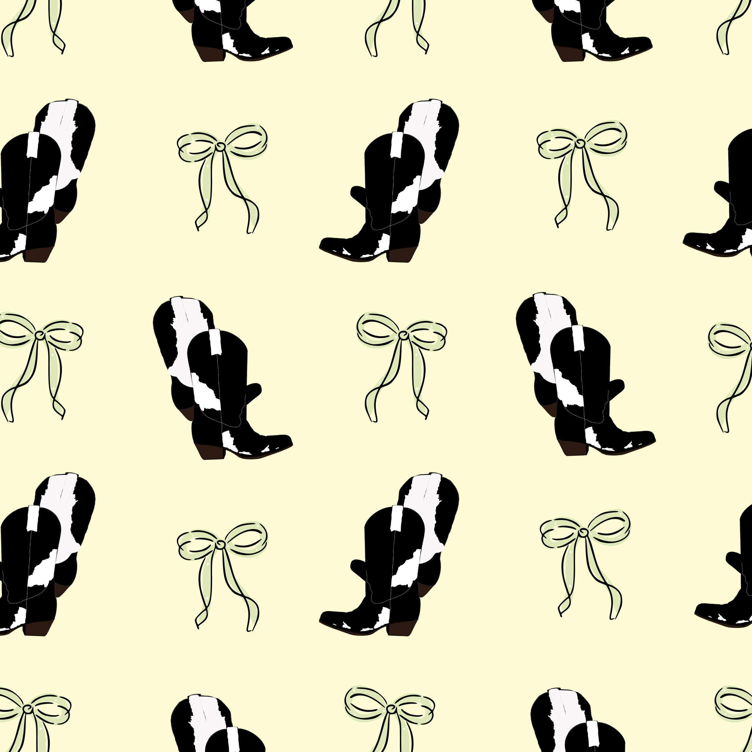 Pattern of black and white cow hide cowboy boots and light green bows on a pale yellow background.