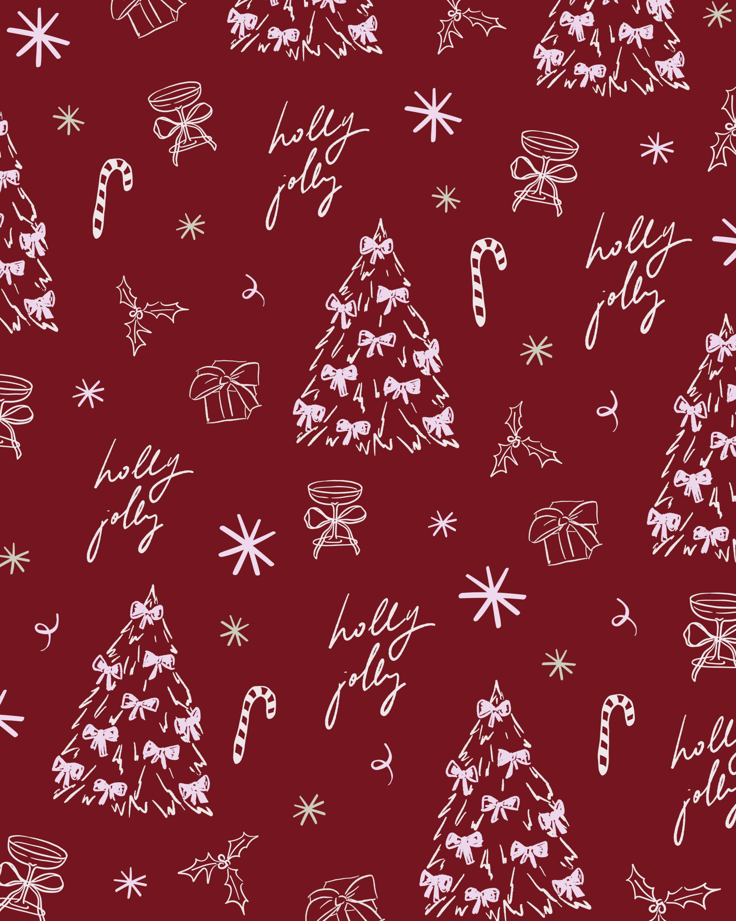 Christmas-themed pattern with white line drawings of decorated Christmas trees, candy canes, presents, holly leaves, mistletoe, bows, stars, and the words 'holly jolly' on a red background.