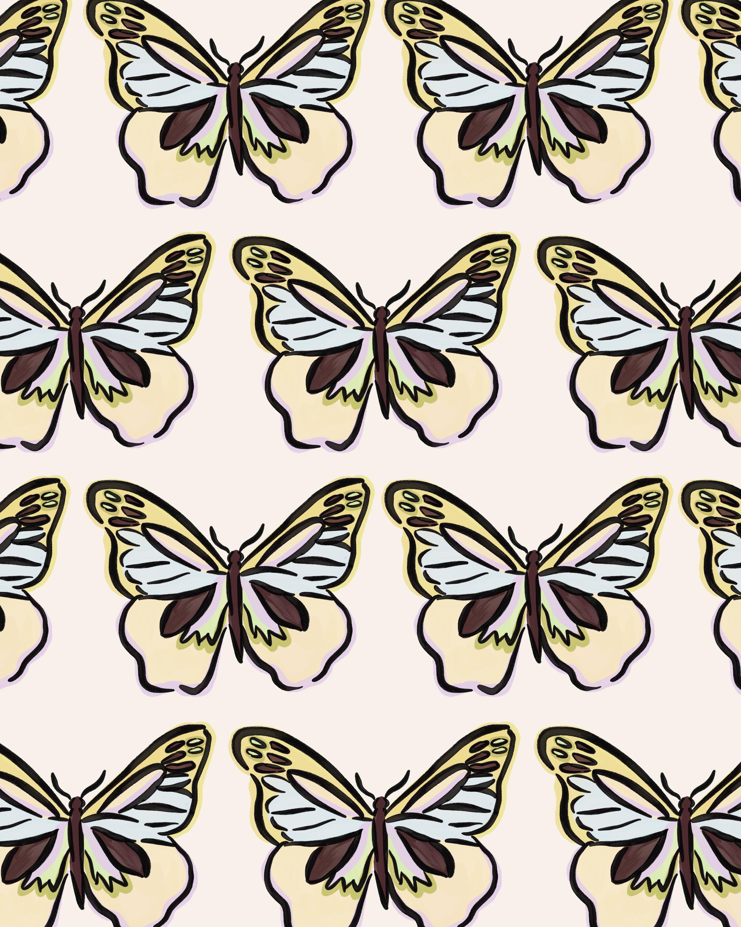 Repeating pattern of a butterfly illustration with cream, brown, black, and light purple colors on a pale background.