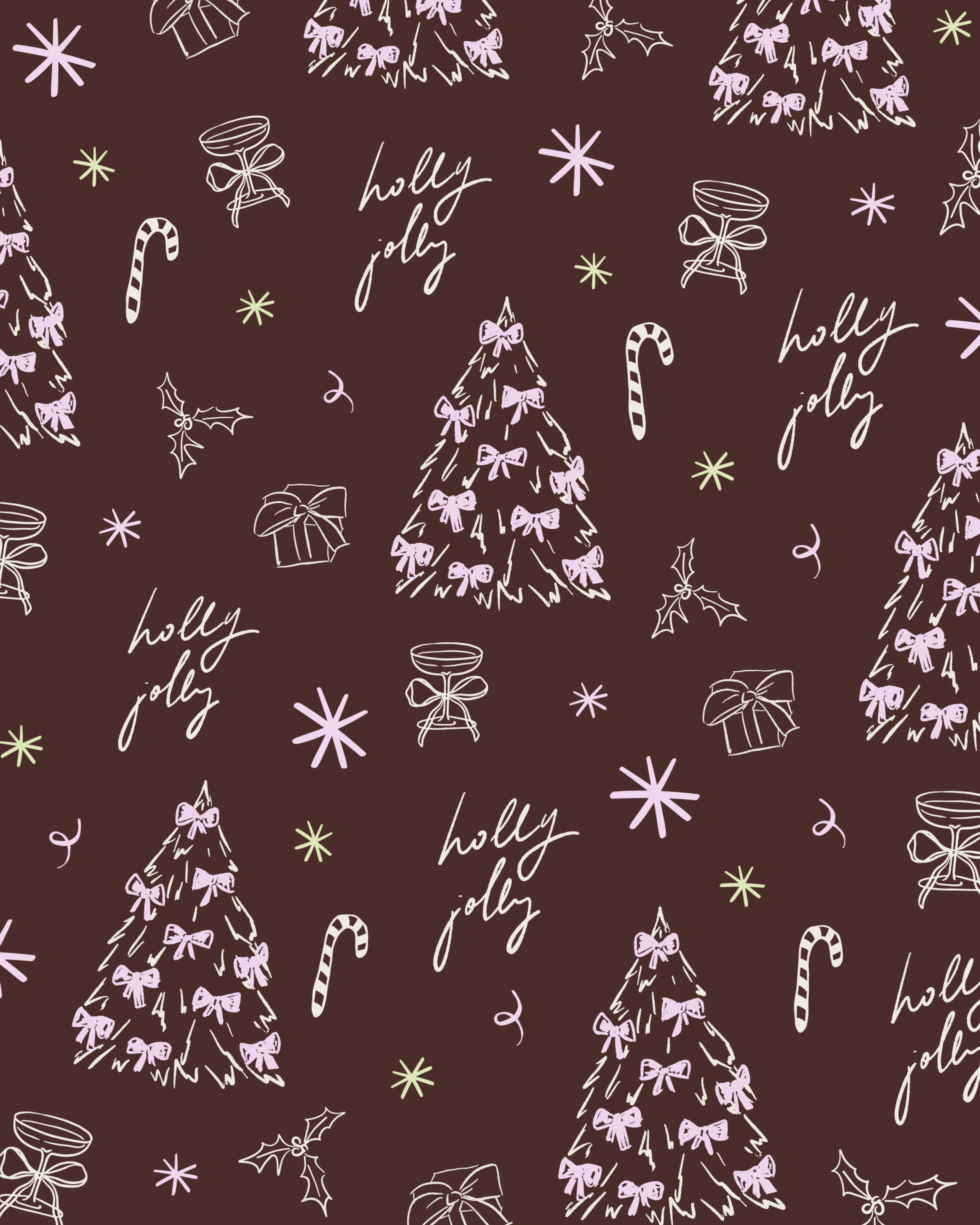 Pattern with Christmas trees decorated with pink bows, candy canes, presents with bows, holly leaves, and snowflakes on a dark brown background, with the words "holly jolly" written repeatedly in white cursive.