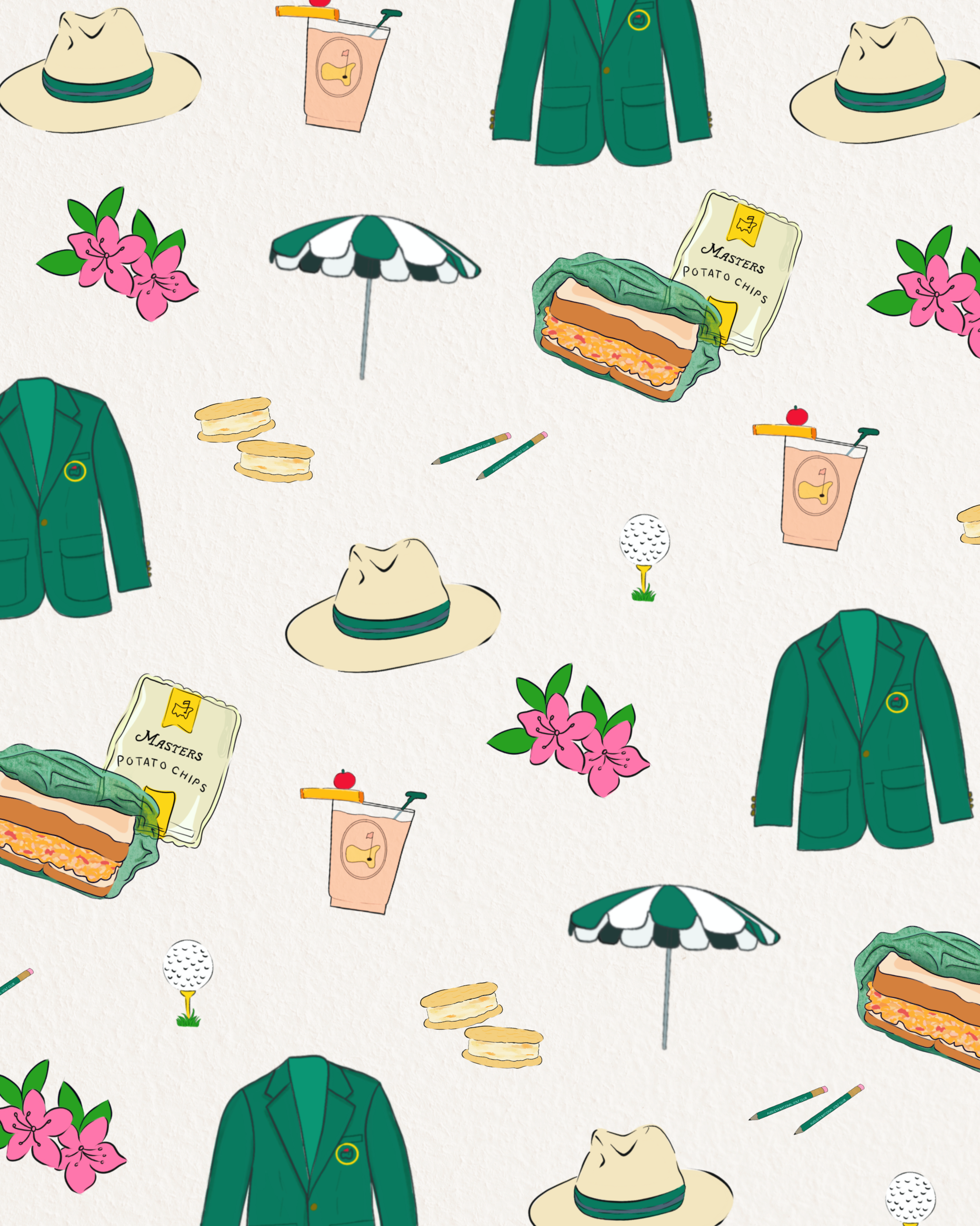 Pattern of golf-themed objects including white hats with green bands, green blazers with yellow patches, pink flowers, umbrellas,  pimento cheese sandwiches with lettuce, fries, and notes, golf balls, drinks with cherries, and pencils.