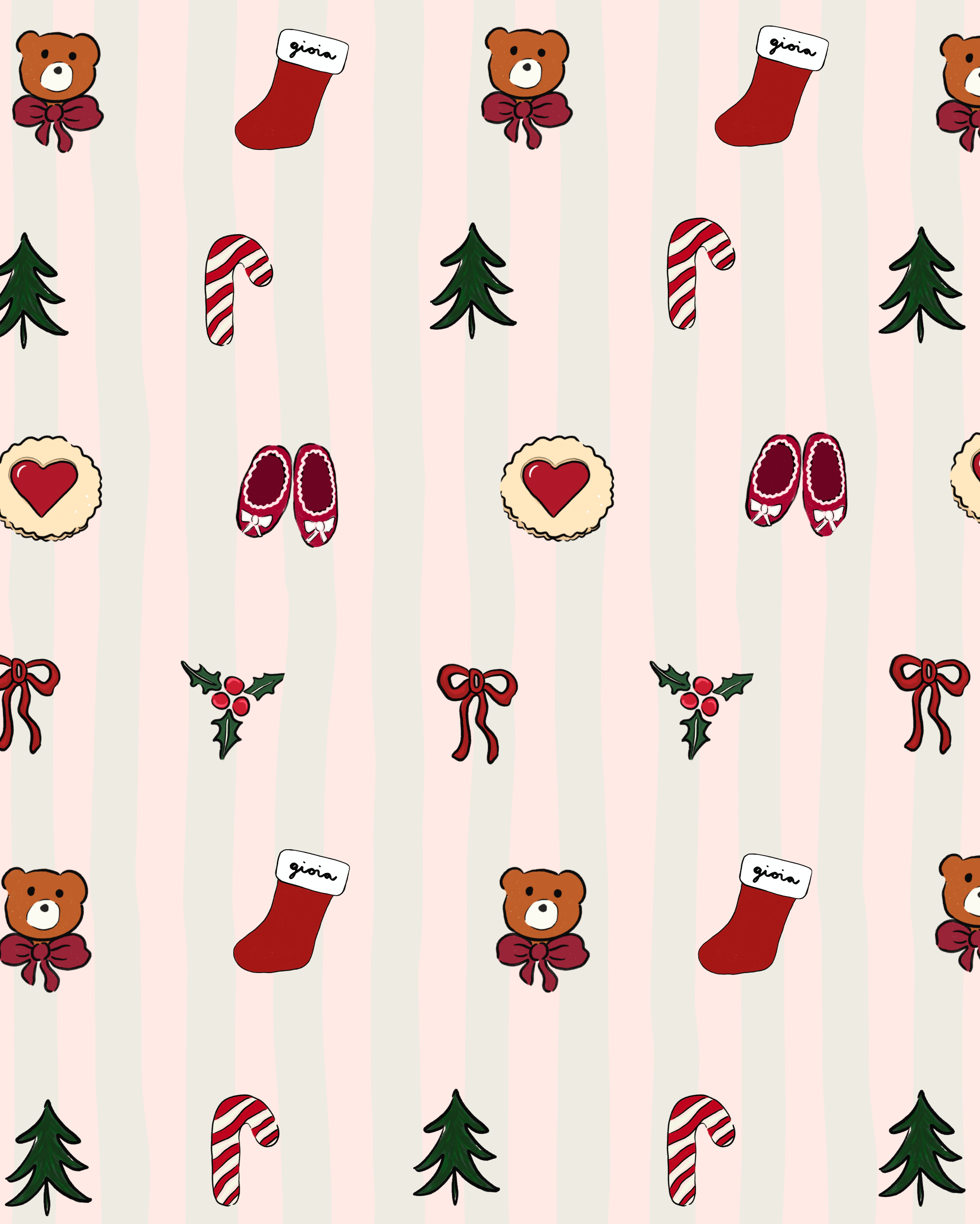 Christmas-themed pattern with teddy bears, Santa stockings labeled 'Gioia', candy canes, Christmas cookies with hearts, holly leaves, and red bows on a pink and white striped background.