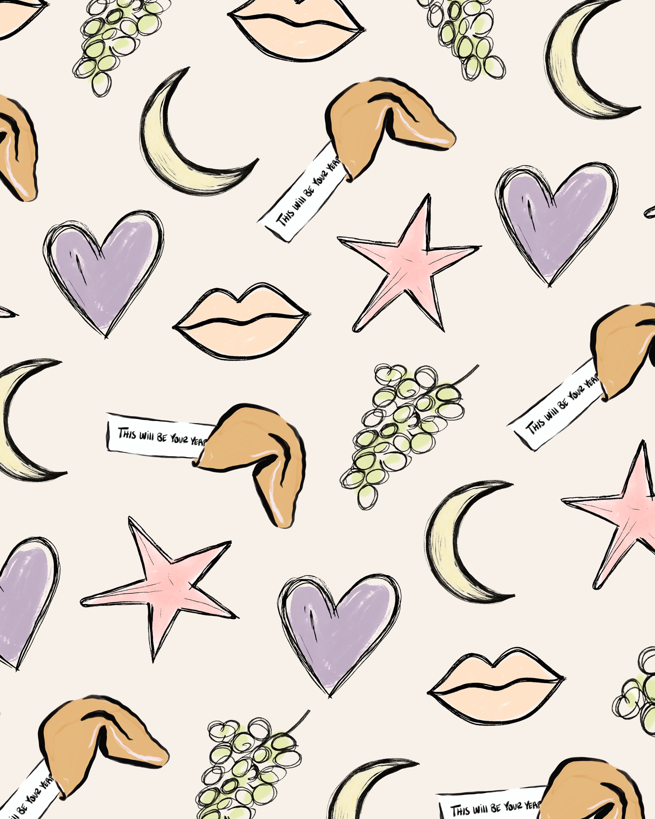 Pattern of illustrated purple hearts, beige lips, green grapes, crescent moons, pink stars, and fortune cookies with a fortune that says this will be your year on a light background.