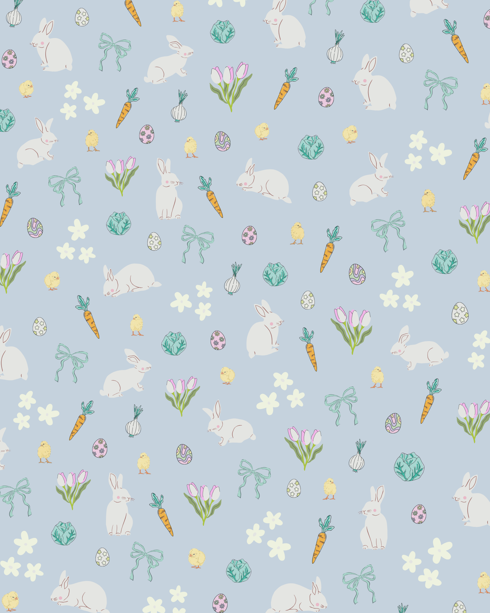 Easter-themed pattern with white rabbits, yellow chicks, carrots, tulips, decorated eggs, and flowers on a light blue background.