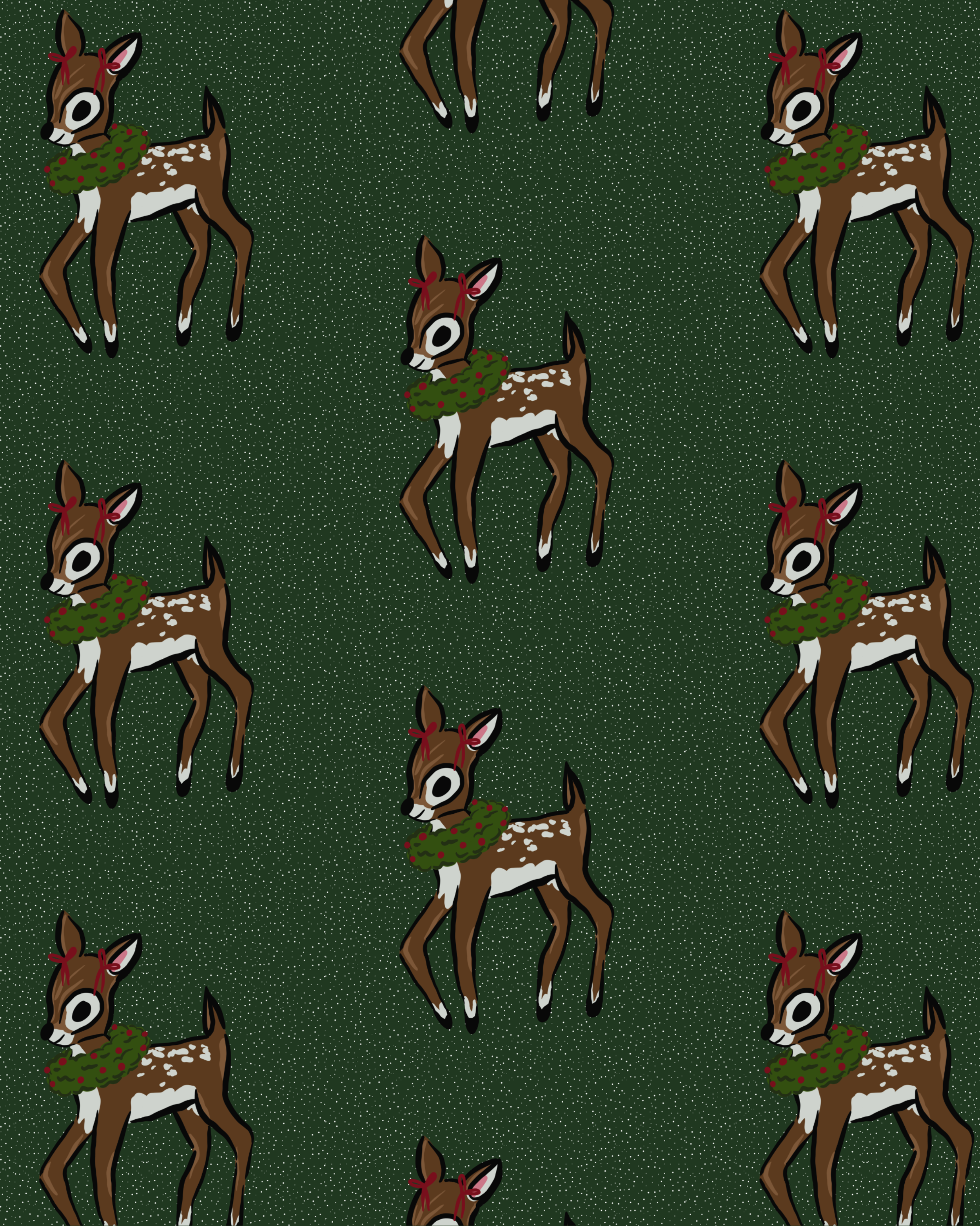 Pattern of cartoon reindeer with Christmas wreaths around their necks on a green, sparkly background.