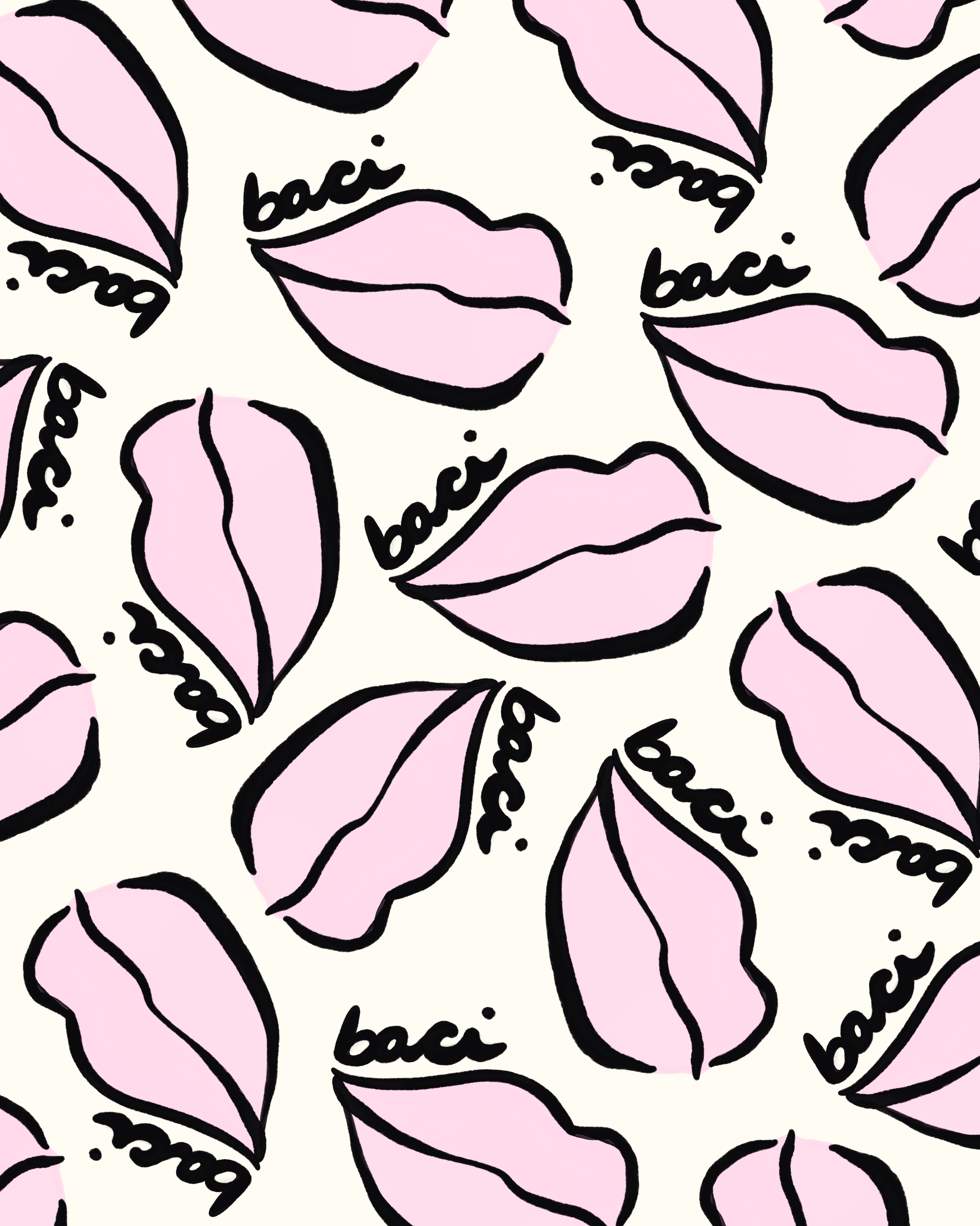 A seamless pattern featuring stylized lips and leaves with the word 'baci' written in black, on a white background.
