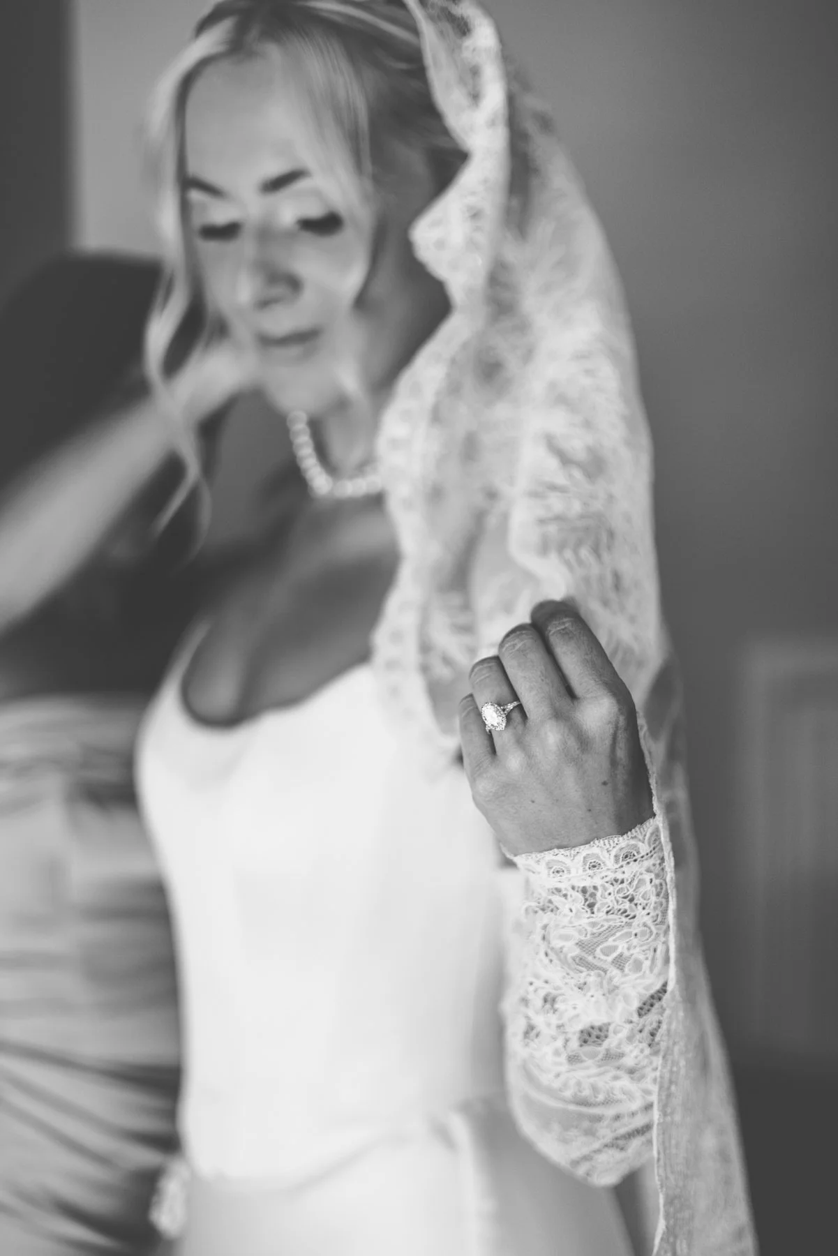 Black and white bridal portrait at Hollybourne Cottage