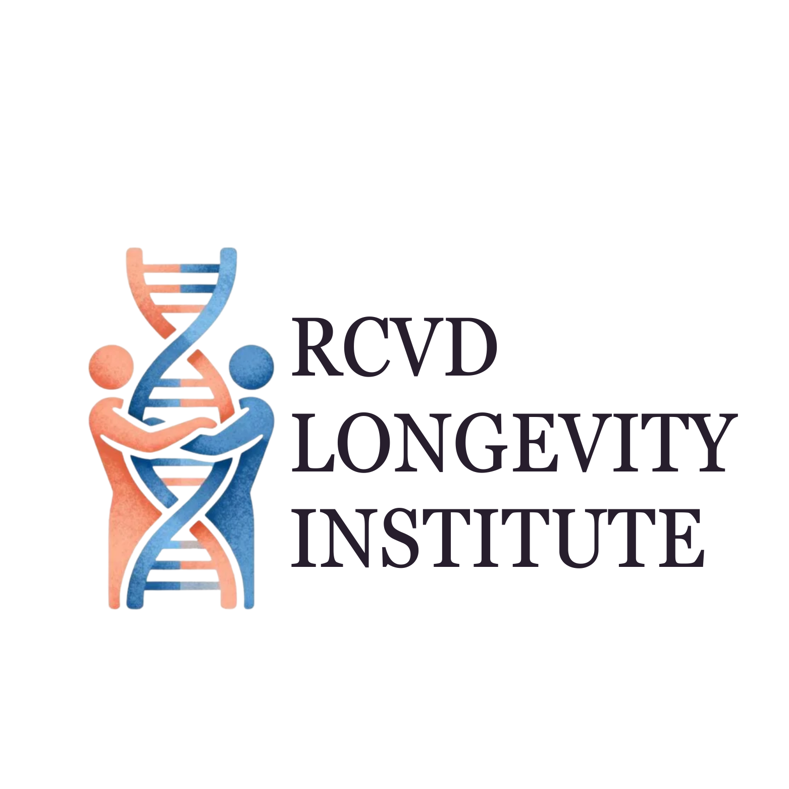 Logo of the RCVD Longevity Institute featuring two human figures, one peach and one blue, holding a DNA double helix with the institute's name.