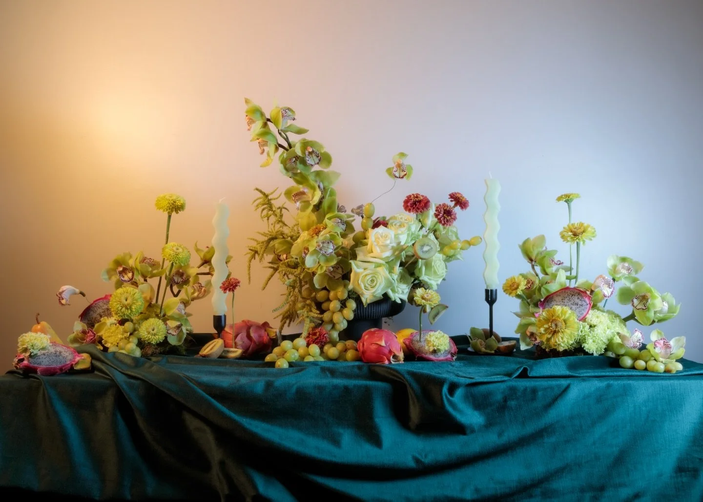 Throwback to this lovely collaboration with @gulbaaz_ 5 months ago. A juicy tablescape with vibrantly fresh kiwi green, pops of dragon fruit pink, and a lush deep teal velvet tablecloth. I&rsquo;m obsessed with fruits and vegetables being utilized in