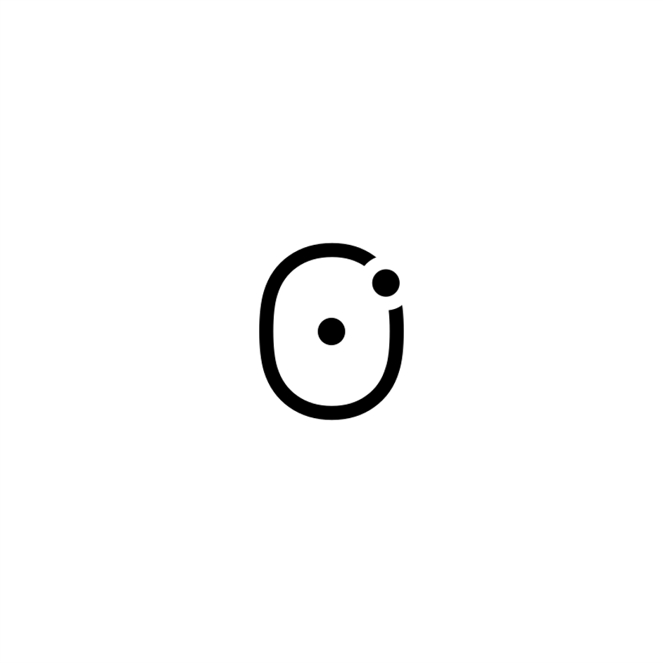 Simple black and white line drawing of a cartoon bean Character with two round eyes and a small dot for a mouth.