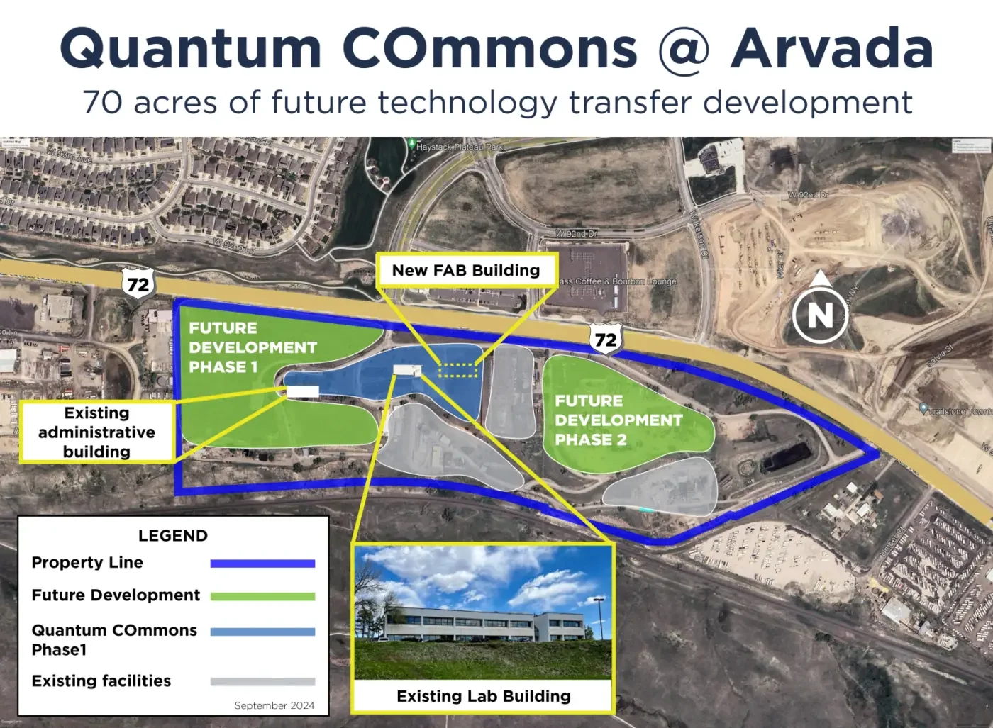 Map of Quantum Commons at Arvada showing future development phases, existing lab building, administrative building, new FAB building, property line, and roads, with a north arrow.