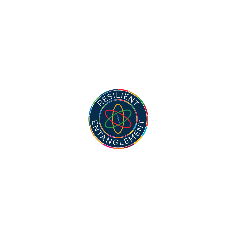A circular badge with a dark blue background, colorful atoms, and the words "Resilient Entanglement" around the edge.