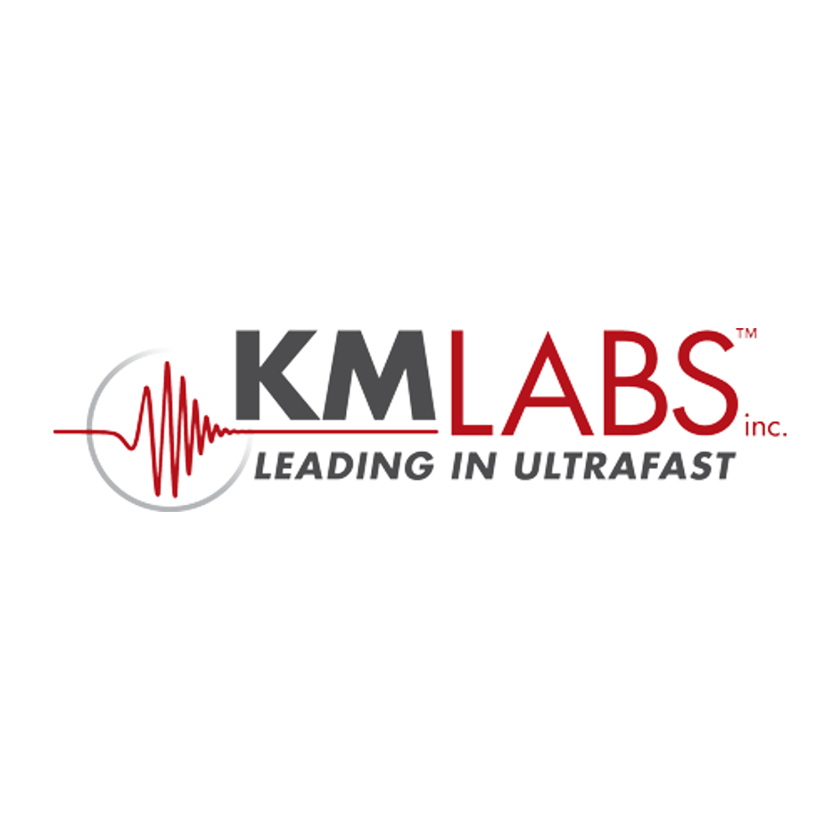 Logo for KM LABS with a heartbeat line graphic, the text 'KM LABS inc.' and the tagline 'Leading in Ultrafast'.