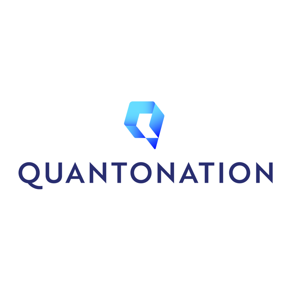 Logo with an abstract geometric design in blue shades above the word 'QUANTINATION' in dark blue letters on a white background.
