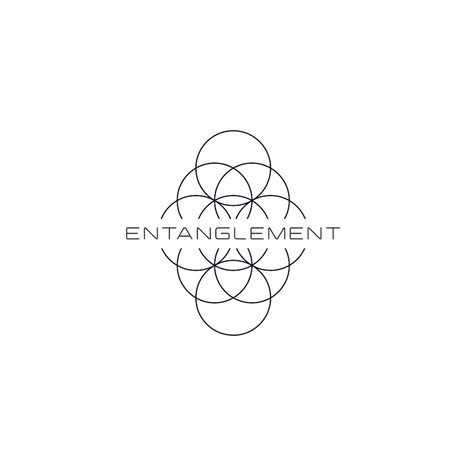 A minimalist black and white logo featuring multiple overlapping circles arranged vertically, with the word 'ENTANGLEMENT' in the center.