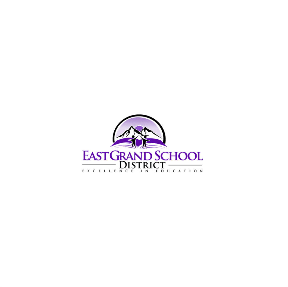 Logo for East Grand School District featuring mountains and a tree with purple accents and the slogan 'Excellence in Education'.