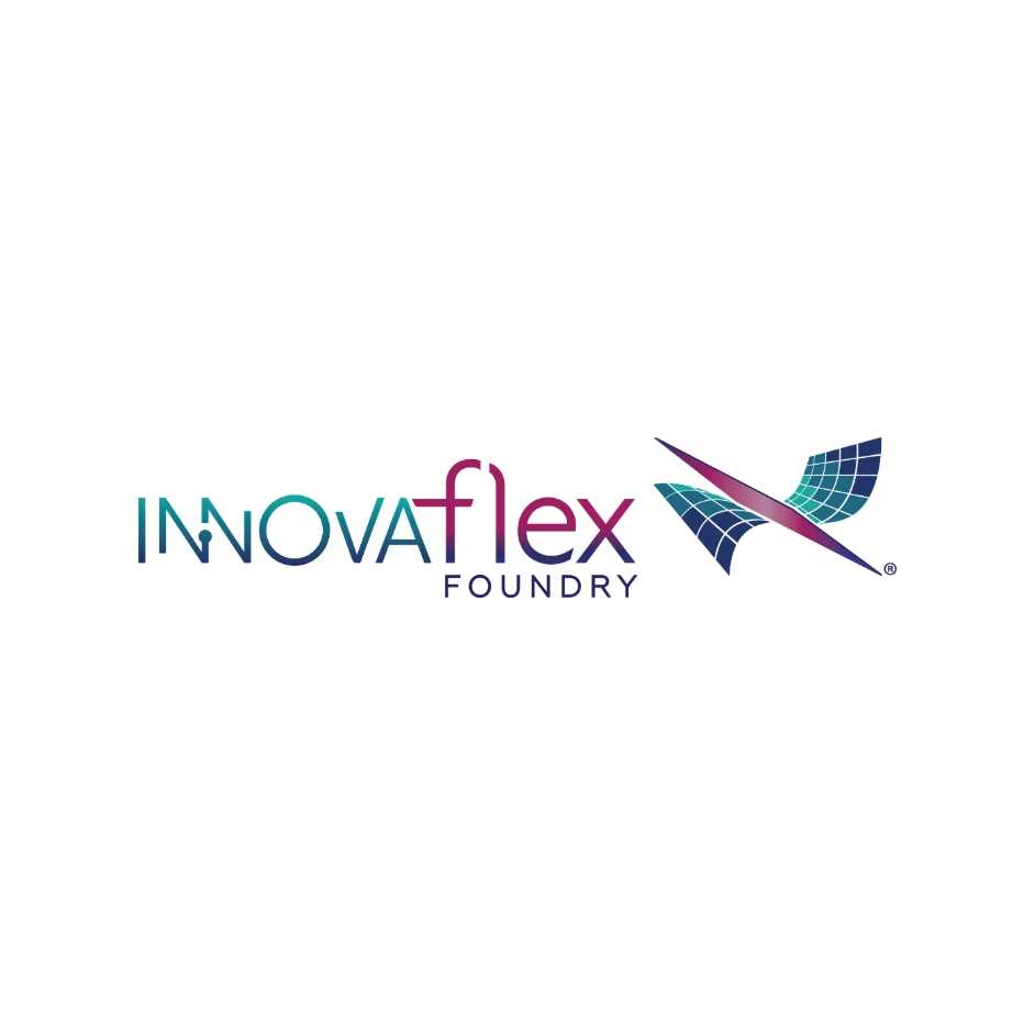 InnovaFlex Foundry logo with teal and magenta lettering and a flexible-circuit wing graphic