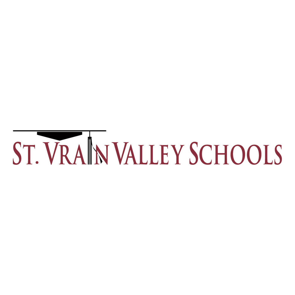 Logo for St. Vrain Valley Schools featuring a graduation cap with tassel above the text.