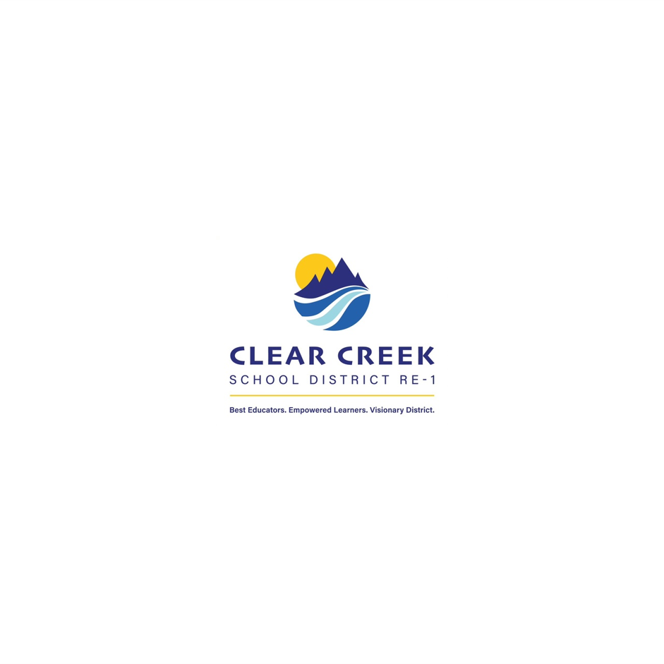 Logo for Clear Creek School District, featuring mountains, water, and a sun, with text 'Clear Creek School District Re-1' and the tagline 'Best Educators. Empowered Learners. Visionary District.'
