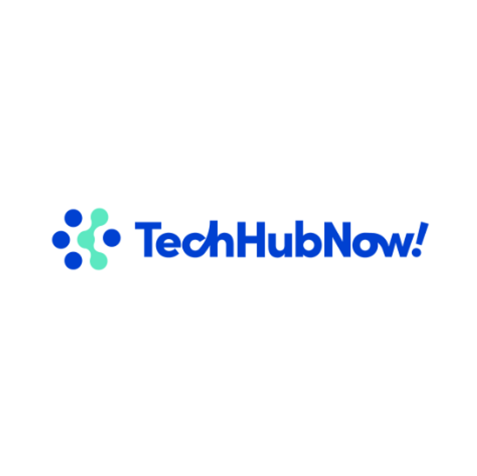TechHubNow logo with blue and green dots and bold blue text