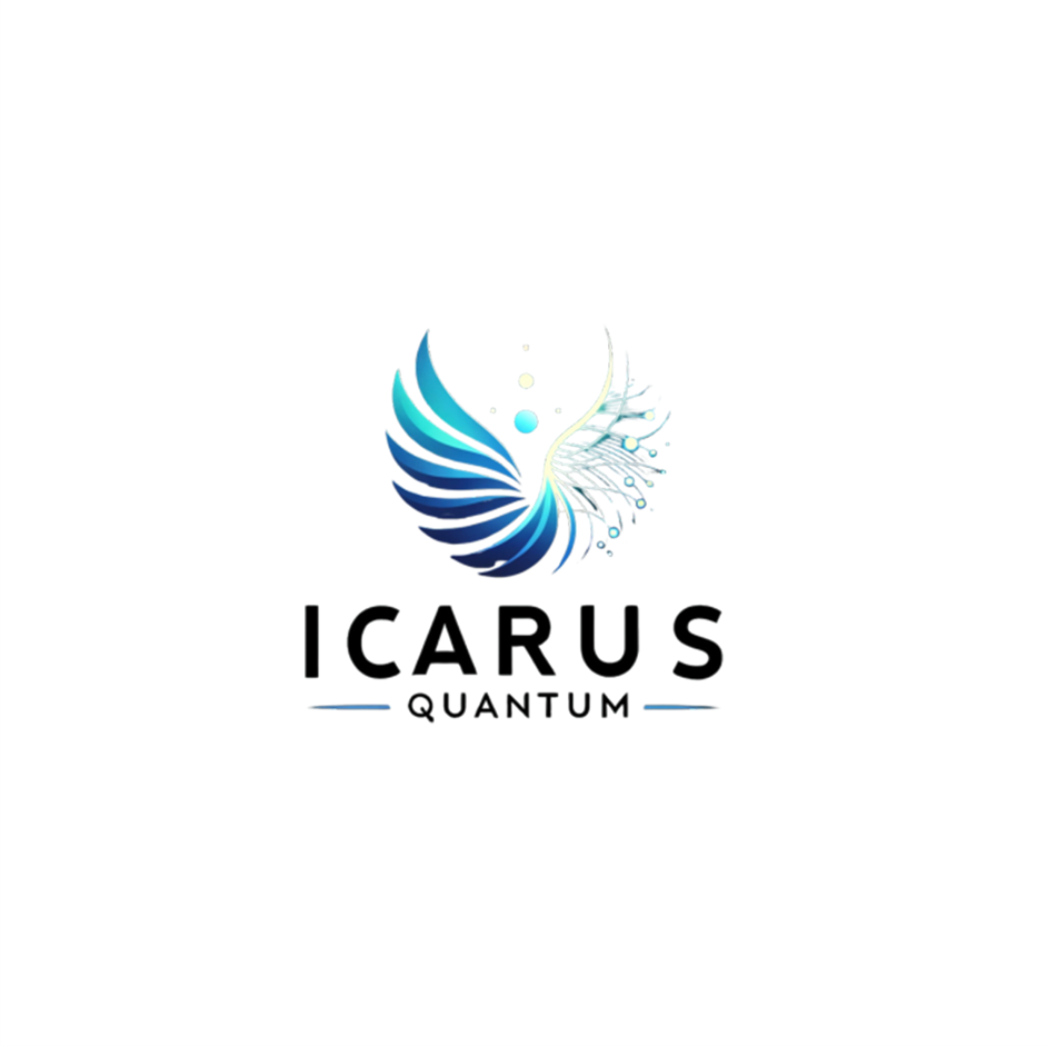 Logo for Icarus Quantum featuring a stylized butterfly with blue and gray wings and the company name below.