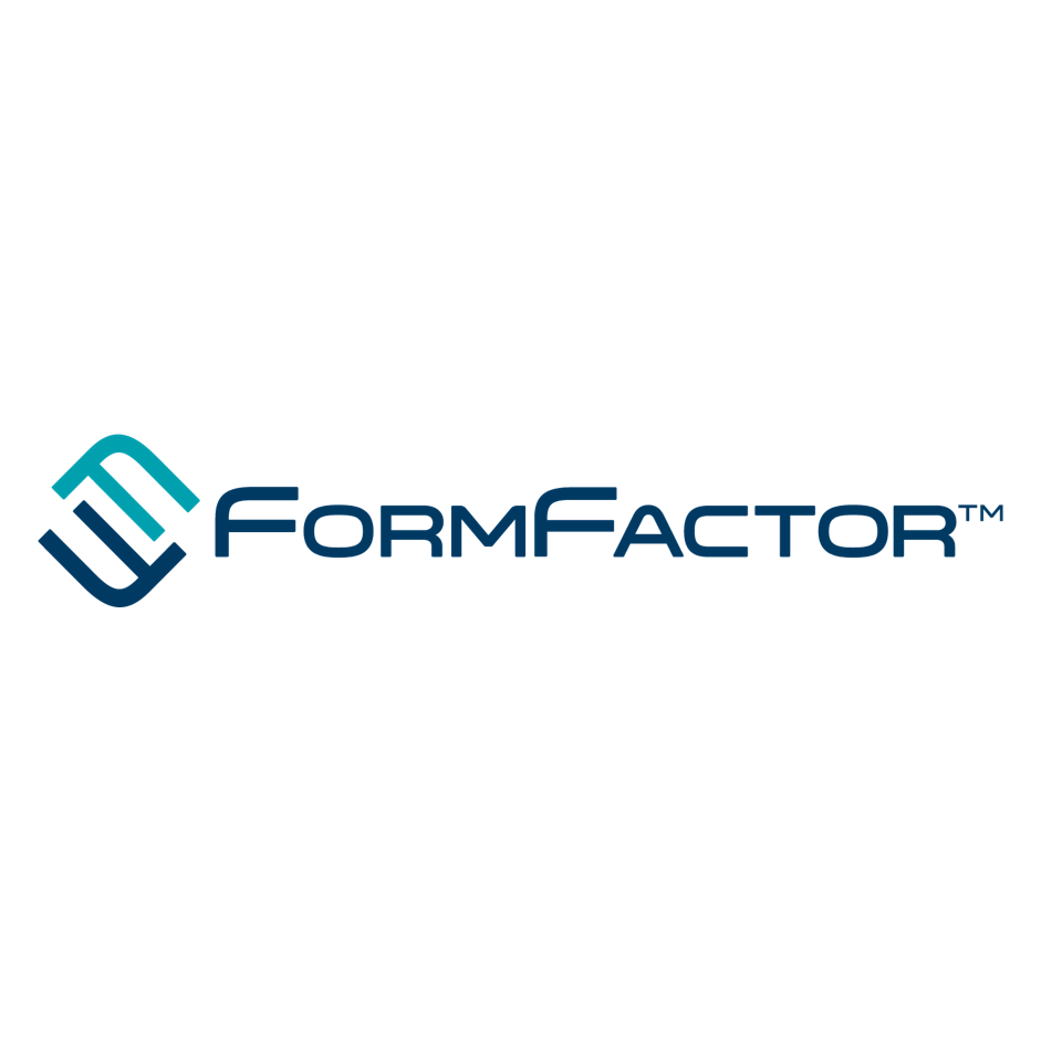 Logo for FormFactor with stylized geometric icon in teal and navy blue, and the text 'FormFactor' in navy blue.