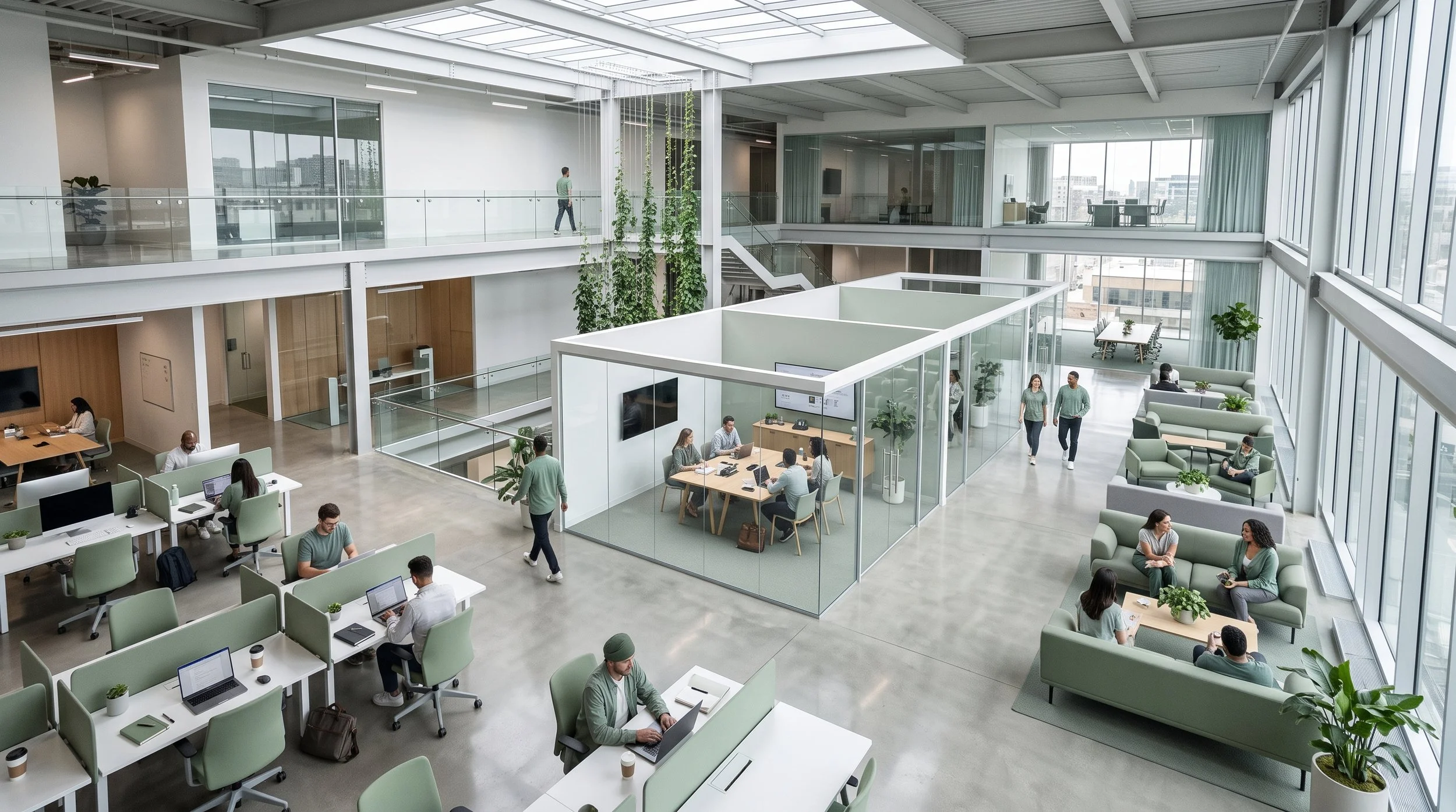 Un espacio moderno y luminoso de oficina con varias personas trabajando en escritorios, en una área abierta y áreas de reuniones en salas acristaladas, con plantas y grandes ventanas que dejan entrar luz natural.