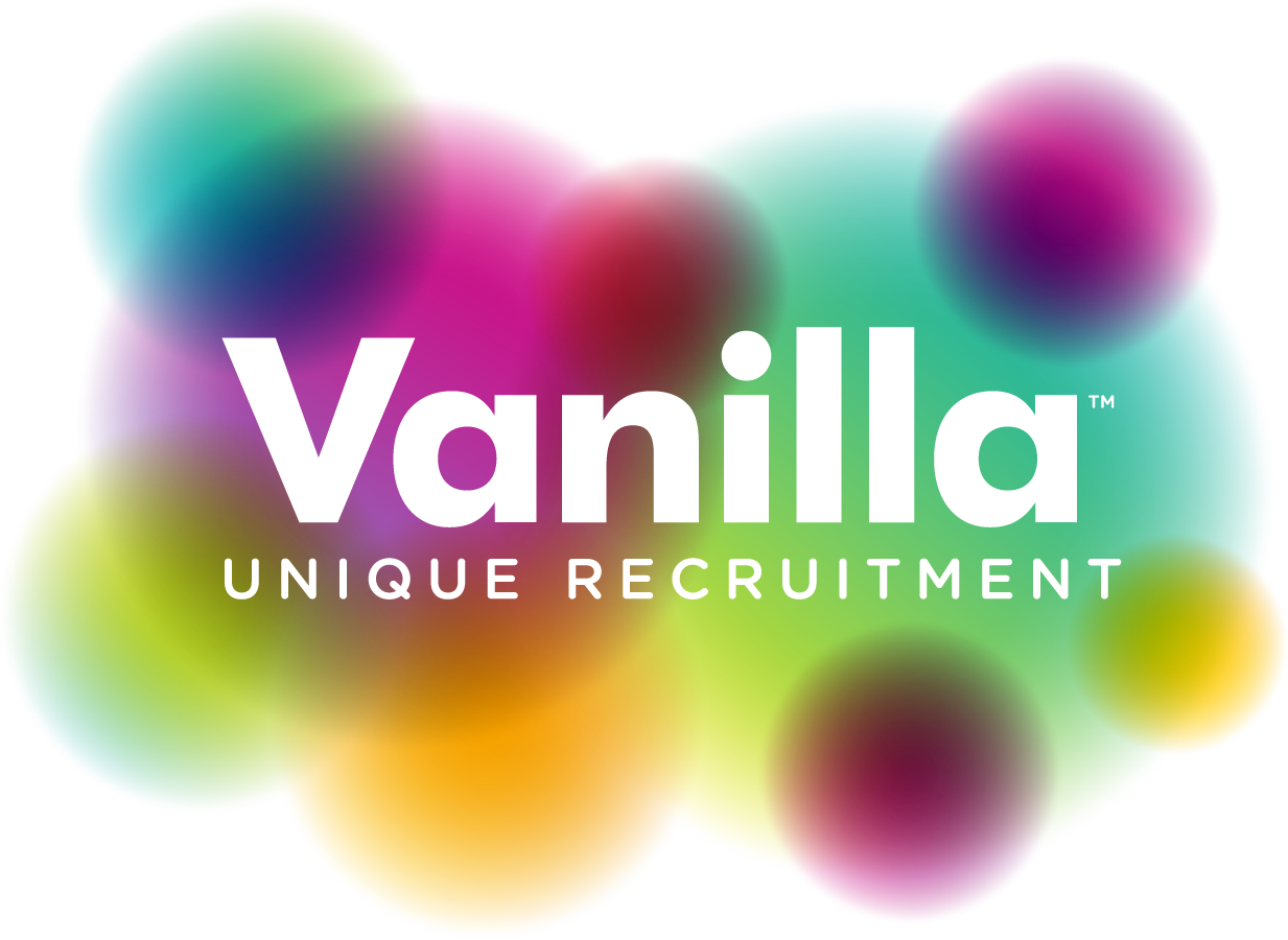 Colorful abstract background with the text "Vanilla Unique Recruitment" in white.