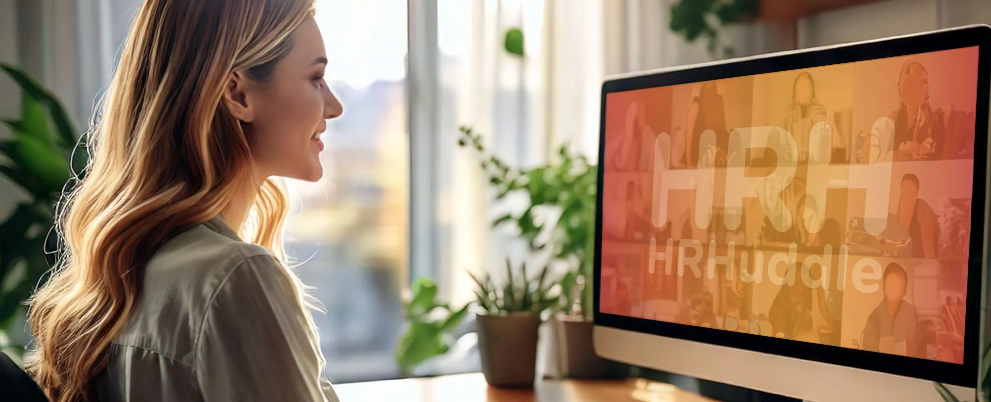 A woman with long blonde hair smiling while looking at her computer screen during a video conference call with multiple participants.