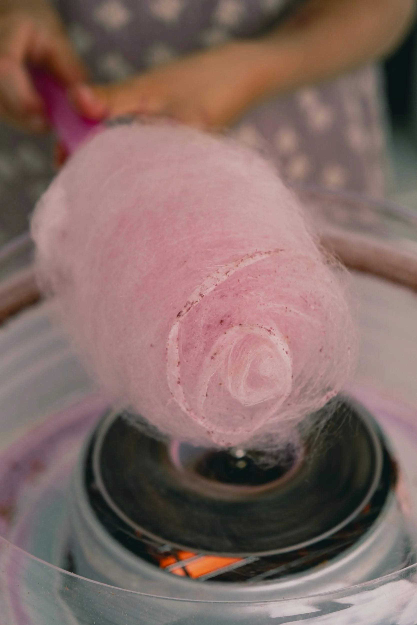 Close-up of a pink cotton candy on a stick, being held over a hot pink paper cone.