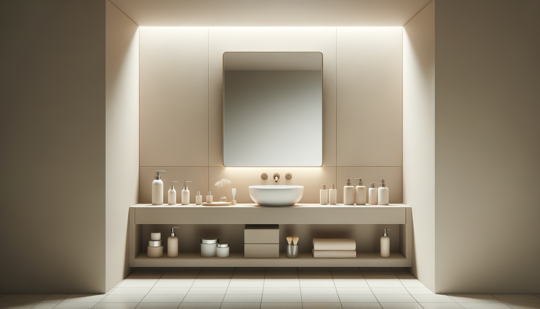 Minimalist bathroom with a large backlit mirror, a white bowl sink, and cream-colored bottles on a vanity with open shelves containing jars, towels, and toiletries.