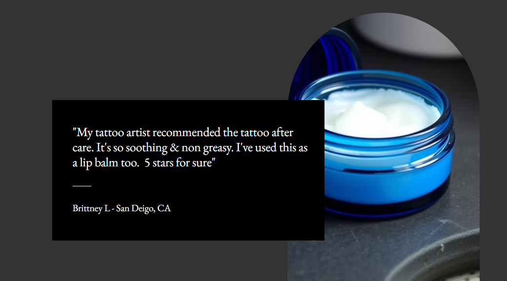 A blue jar filled with white cream or balm on a dark surface, with a black text box containing a customer review overlaying part of the image.
