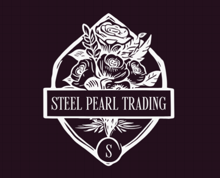 Logo for Steel Pearl Trading featuring a flower arrangement with roses and leaves, and the text 'Steel Pearl Trading' in the center.