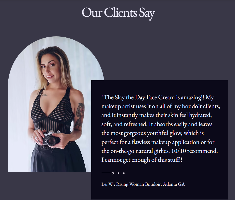 A testimonial poster with the title 'Our Clients Say'. It features a woman with long blonde hair in a black striped top holding a camera, standing next to a dark background with a customer review about a face creamer product, praising its benefits and giving a 10/10 rating.