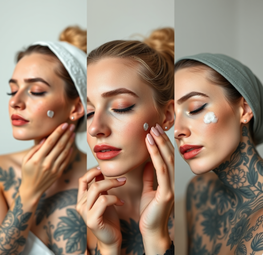 A woman with makeup and tattoos applying skincare cream to her face in three different poses.