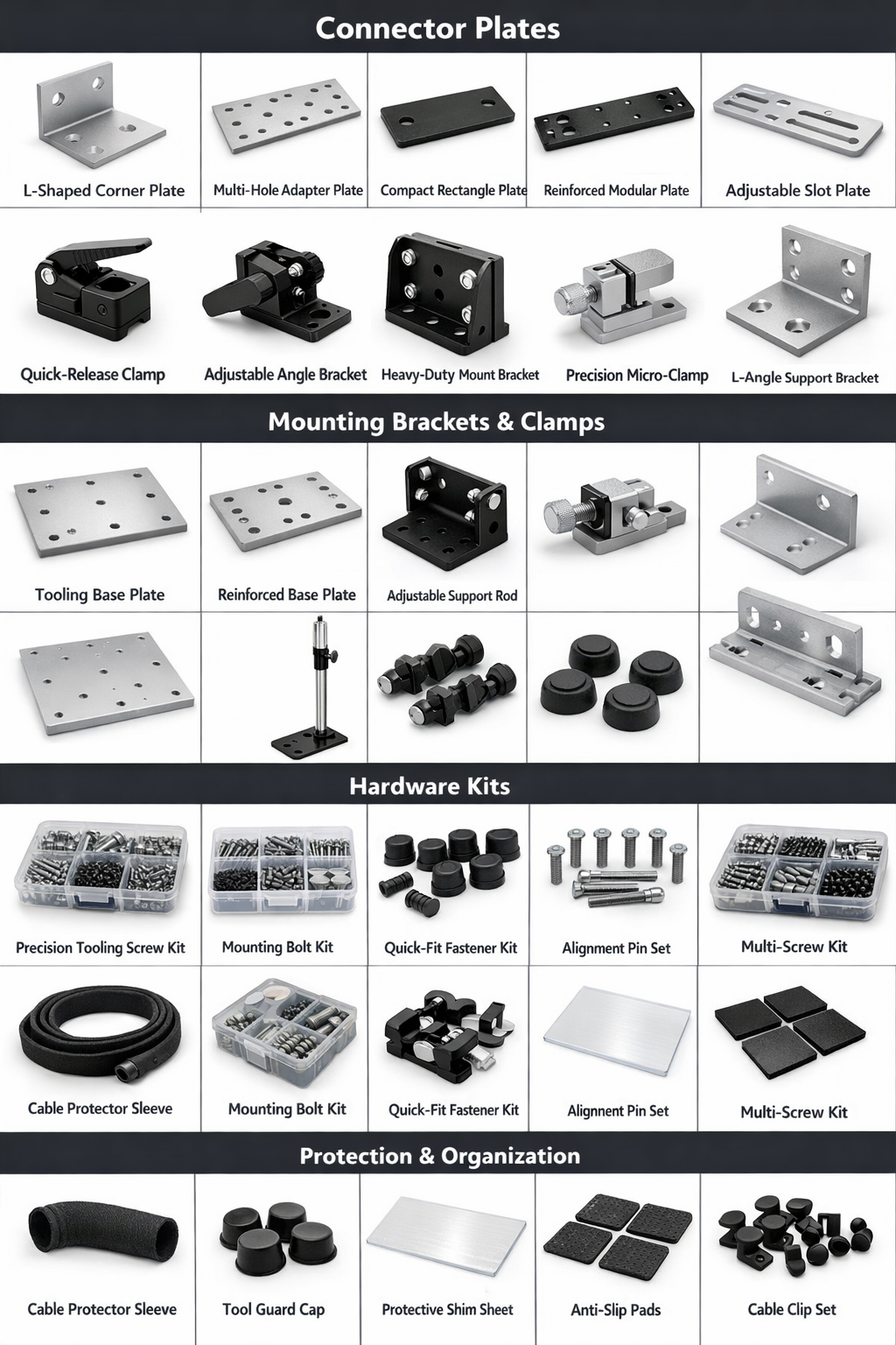 Chart showing various connector plates, mounting brackets, hardware kits, and organization accessories for assembly and hardware management, each with images and labels.