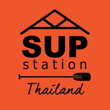 Logo for SUP Station Thailand with an orange background, black text, and a paddle graphic.