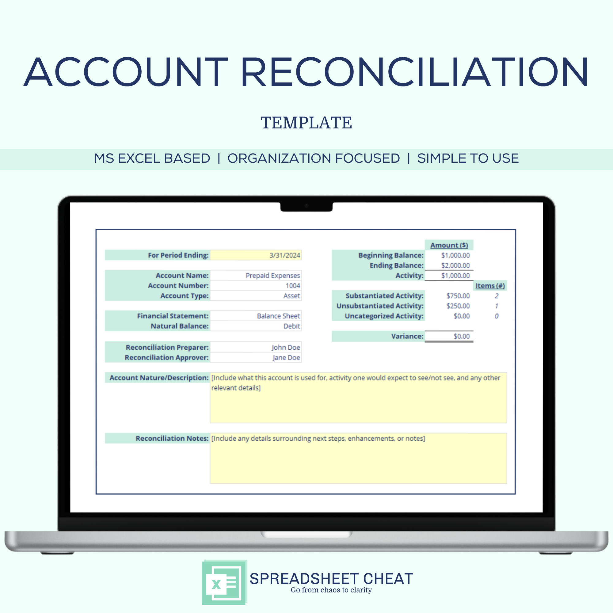 Account Reconciliation Template - Microsoft Excel (Digital Download)