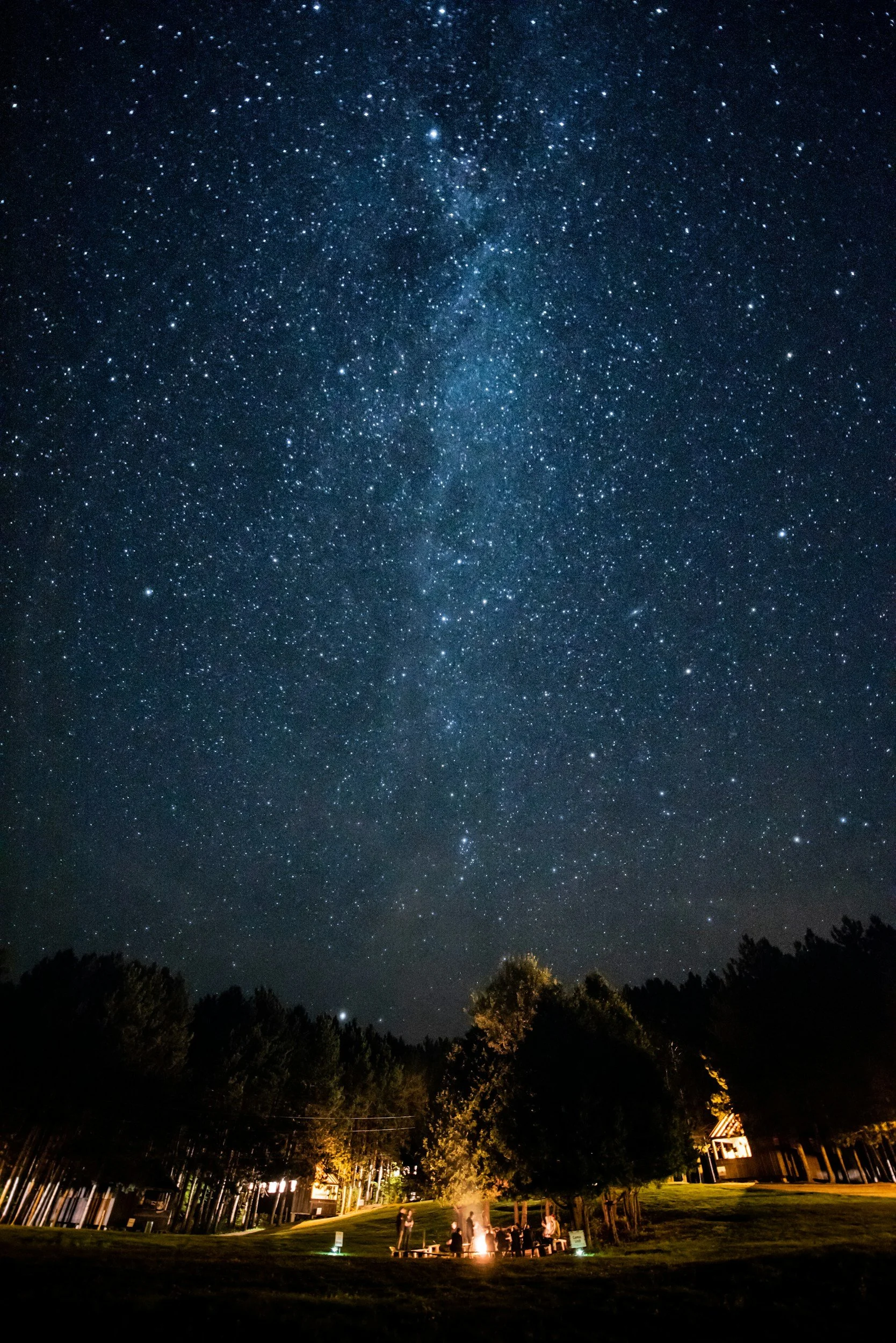 Night sky full of stars and the Milky Way, with a group of people around a campfire in a grassy clearing surrounded by trees.